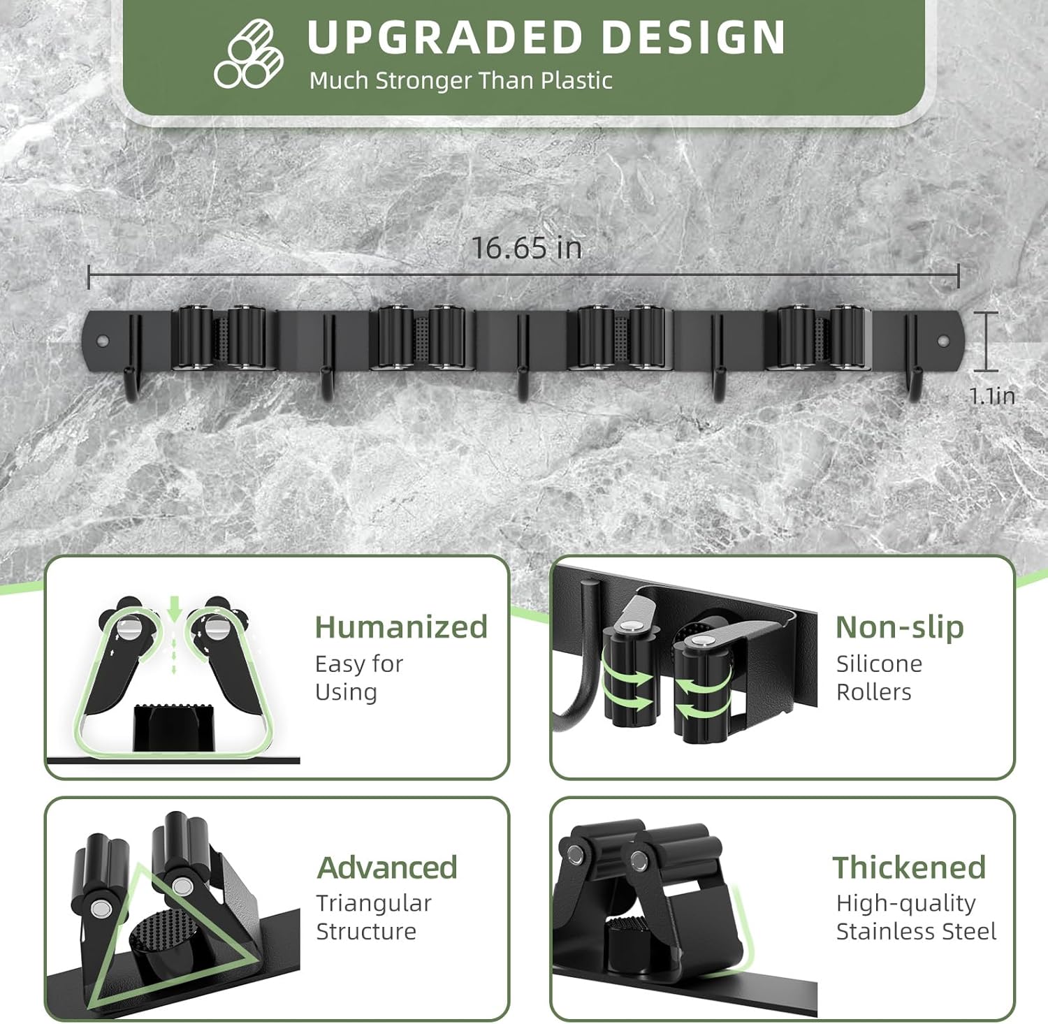 Batur Paquete de 2 soportes de pared para escobas, soporte de escoba mejorado, soporte de pared resistente para trapeador y escoba, súper