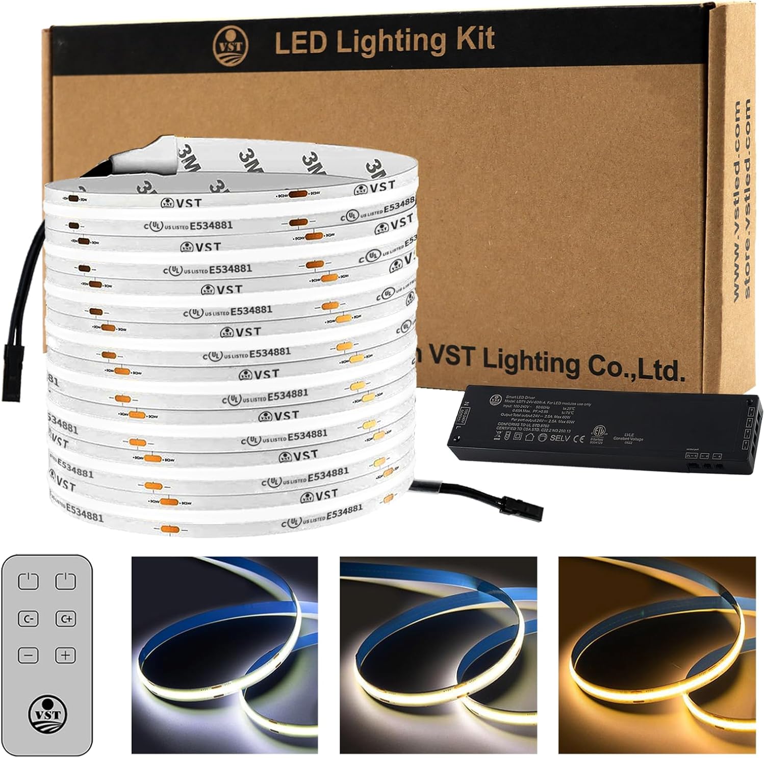 VST Tira de luces LED COB de 16.4 pies CCT 2700K-6000K con certificación UL, luz LED regulable de 24 V CRI 93, 2400 LED súper brillante cinta de