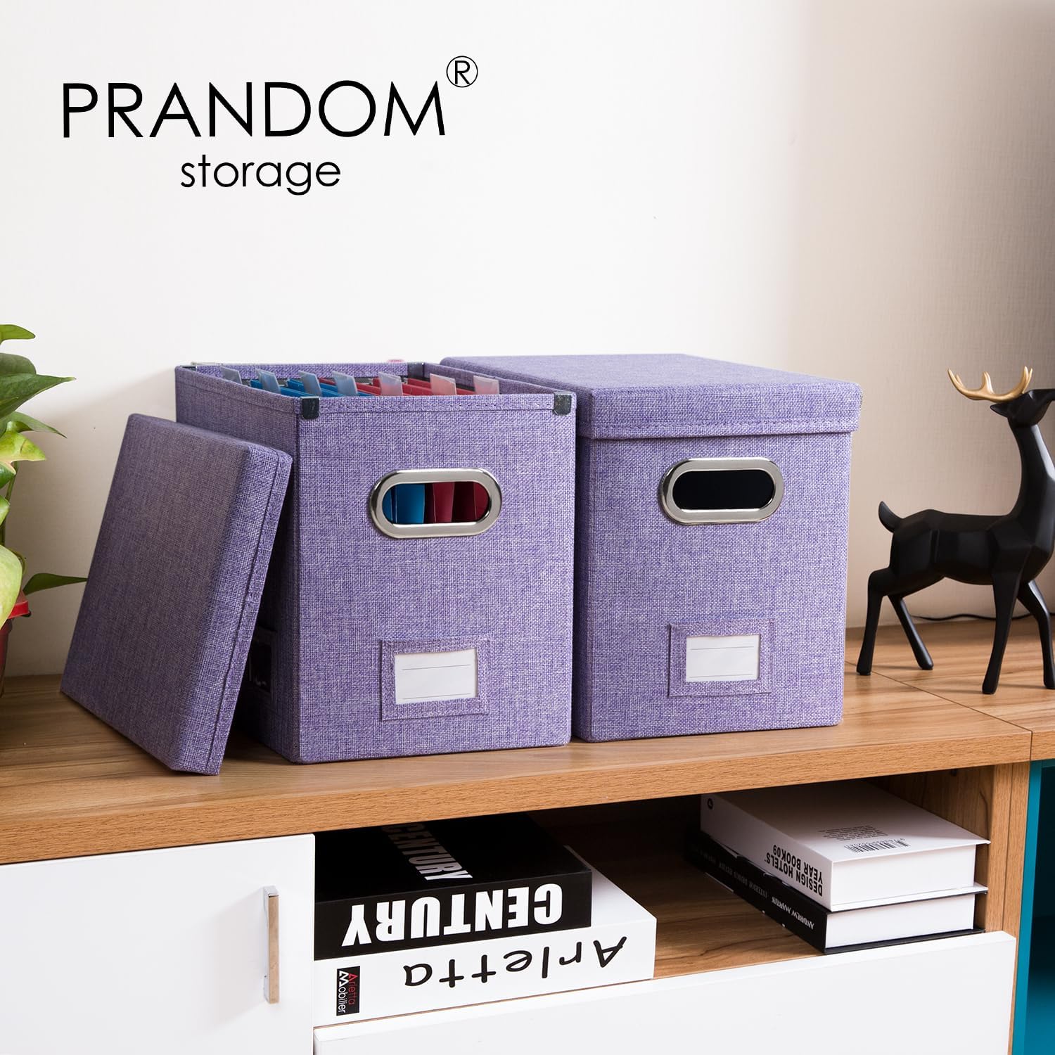 PRANDOM Caja organizadora de archivos, juego de 2 carpetas plegables decorativas de lino para almacenamiento de archivos colgantes con tapas,
