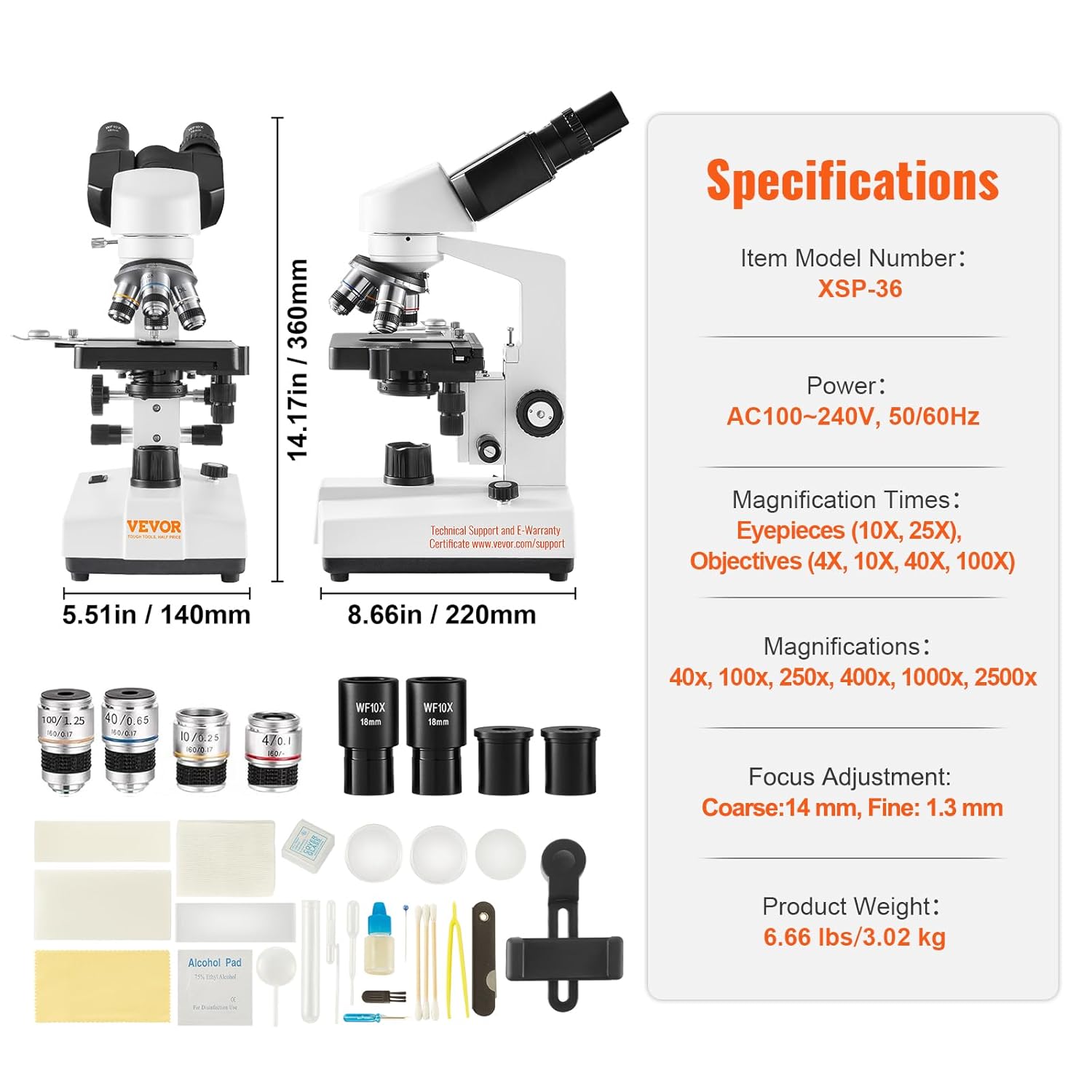 VEVOR Microscopio compuesto binocular, aumento 40X-2500X, microscopio binocular para adultos con iluminación LED, incluye soporte para teléfono y