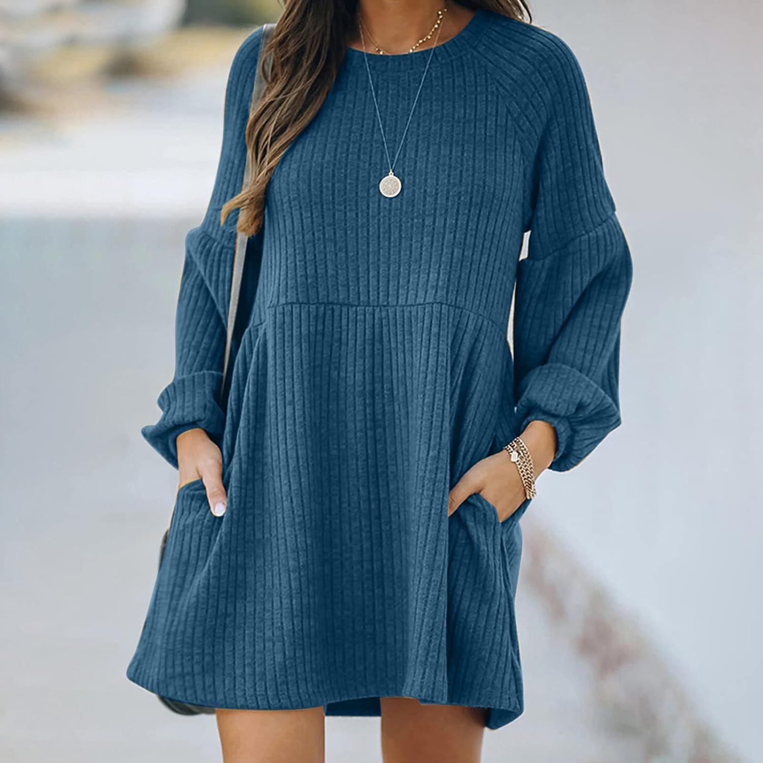 Women’s Long Sleeve Crewneck Dresses Solid Color Ribbed Casual Knit Sweater Dress Winter Loose Swing Midi Dress