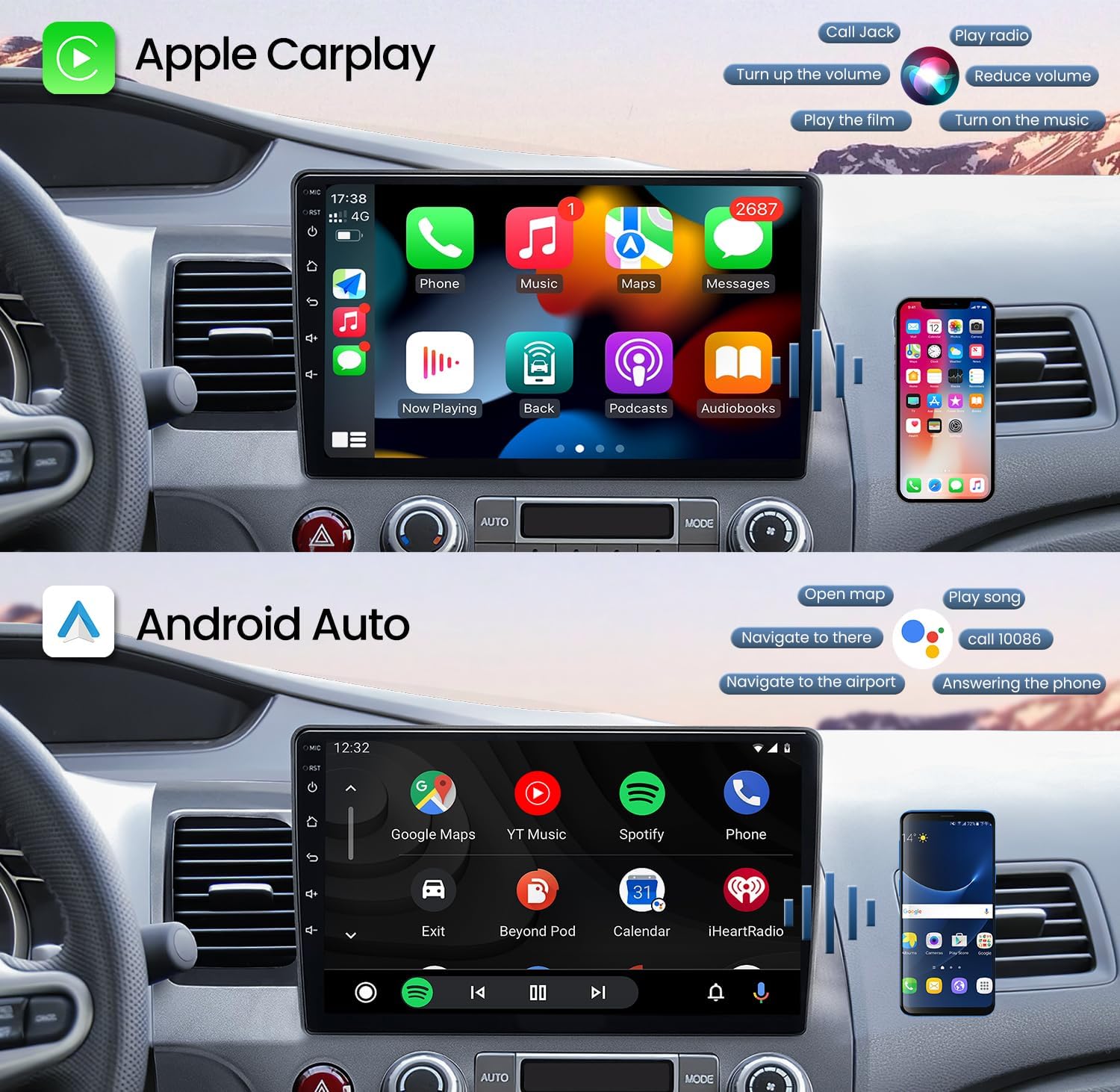 Radio de coche 4G+64G de 10.1 pulgadas para Honda Civic 2006 2007 2008 2009 2010 2011, Carplay Android Auto estéreo de coche con cámara de respaldo,