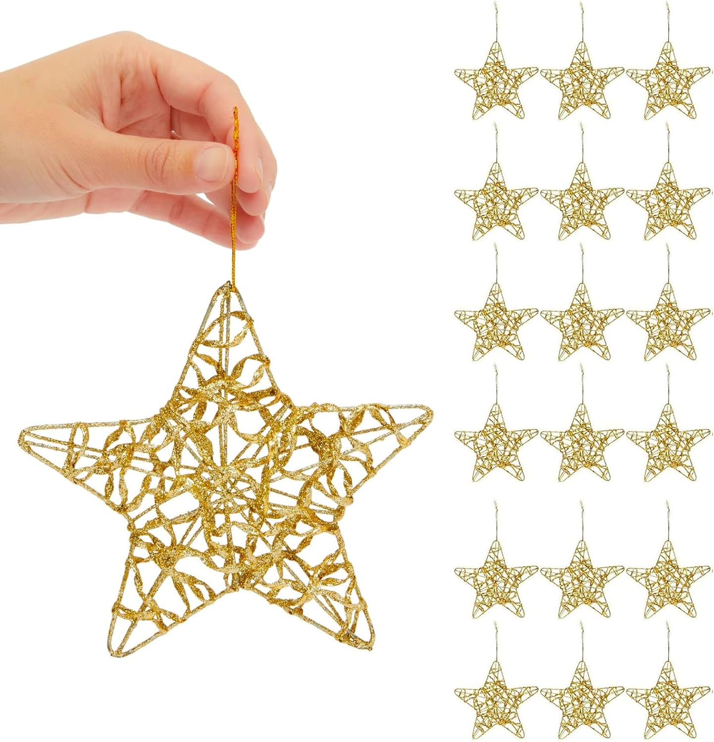 Juego de 18 piezas de adornos dorados de estrella para árbol de Navidad de 4 pulgadas, juego de decoración de árbol de Navidad con purpurina dorada