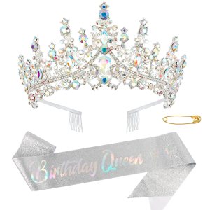 Corona de cumpleaños, banda de cumpleaños, coronas de cumpleaños para mujer, banda de reina de cumpleaños, tiara plateada, decoraciones de feliz Corona de cumpleaños, banda de cumpleaños, coronas de cumpleaños para mujer, banda de reina de cumpleaños, tiara plateada, decoraciones de feliz