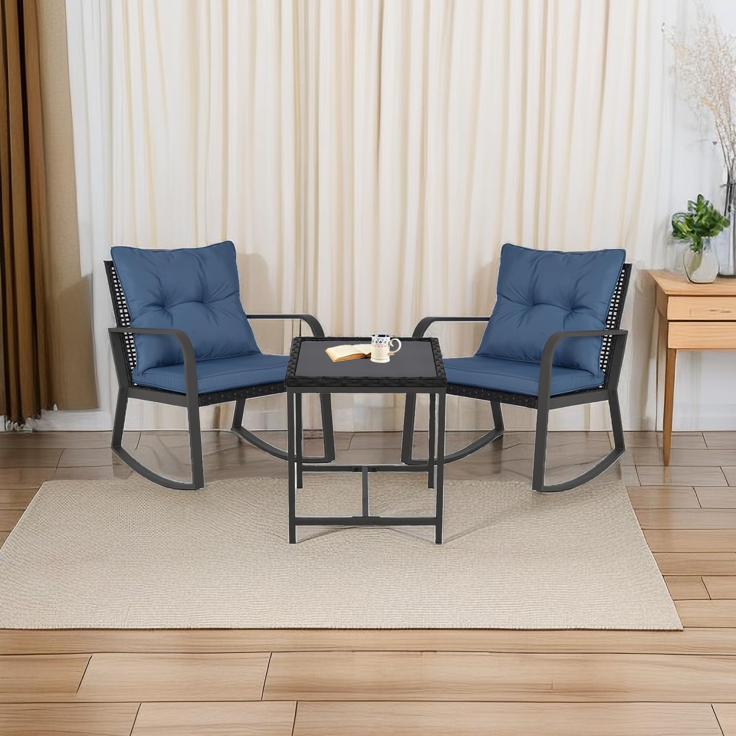 Juego de sillas de exterior de 3 piezas, mecedoras para exterior con cojines azules y 1 mesa de cristal para el condado, junto a la piscina, el