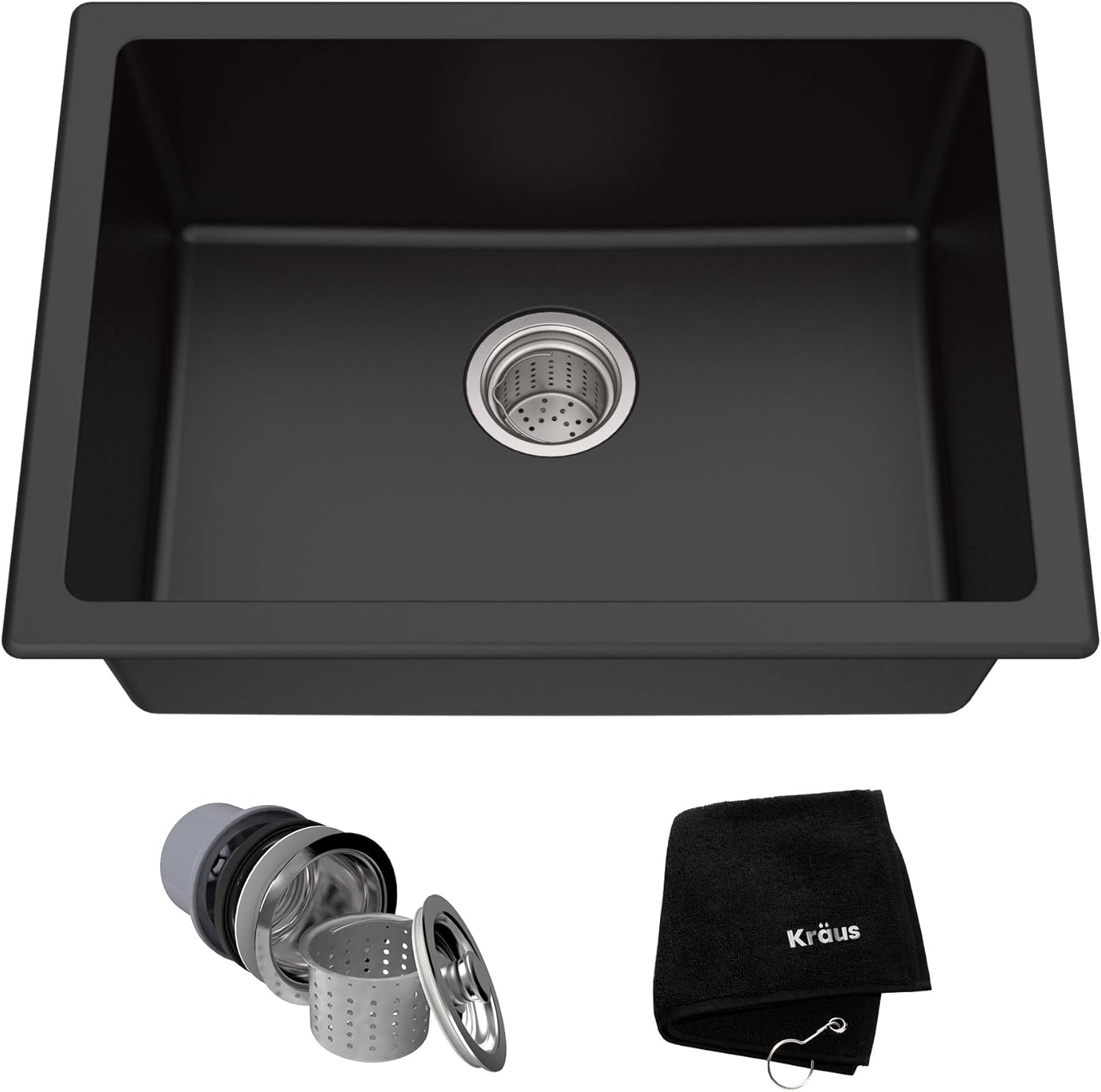 Kraus KGD-410B – Fregadero de cocina de granito ónix negro de 24 25 pulgadas de montaje doble y colador de fregadero de cocina PST1-BL, color negro
