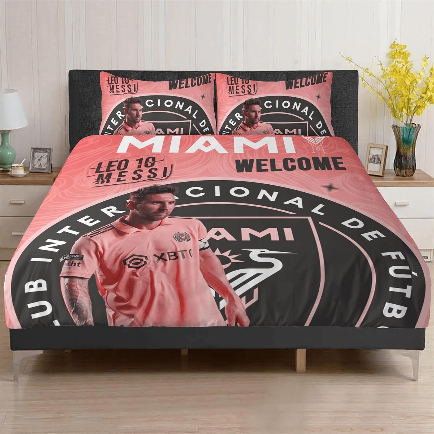 Miami – Juego de ropa de cama de fútbol, juego de funda de edredón de fútbol rosa, juego de ropa de cama de fútbol de microfibra suave, 3 piezas,