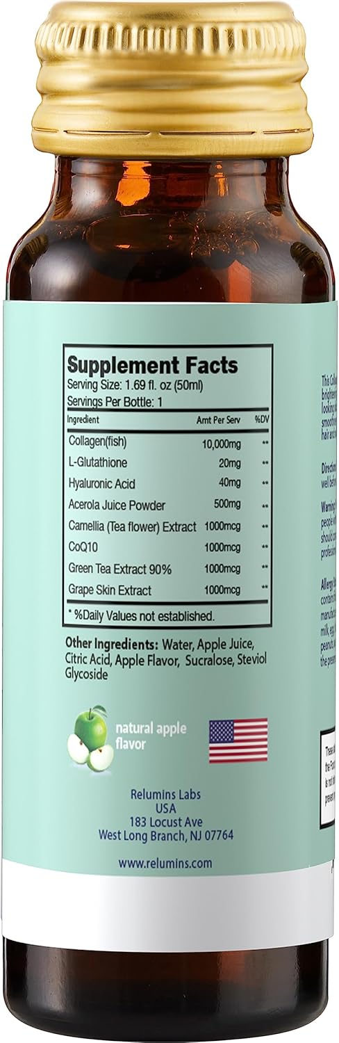 Relumins Advance – Bebida rejuvenecedora de colágeno con glutatión, hialurónico, CoQ10, EGCG, resveratrol y más, combate naturalmente los signos del