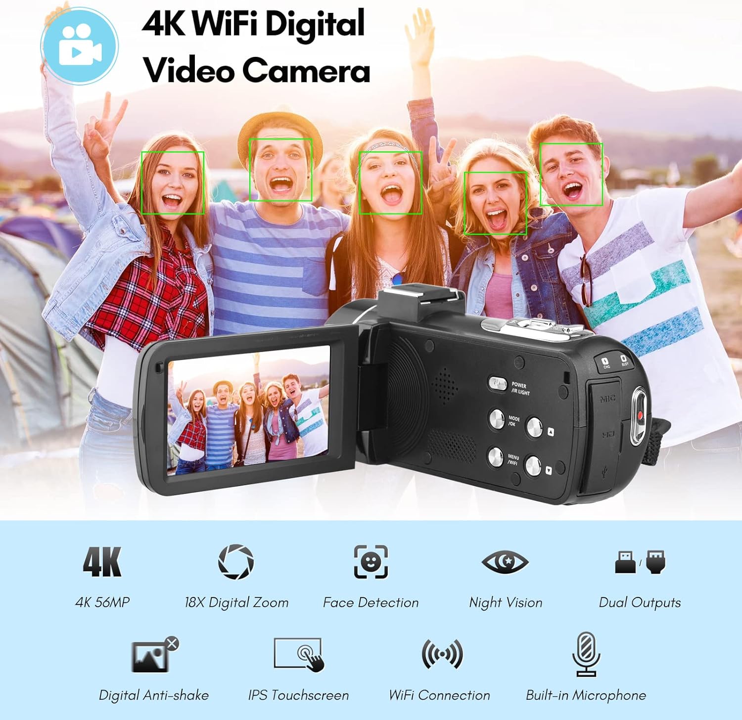 Andoer Cámara de vídeo digital 4K WiFi videocámara DV grabadora 56MP 18X zoom digital 3.0 pulgadas IPS pantalla táctil compatible con detección de