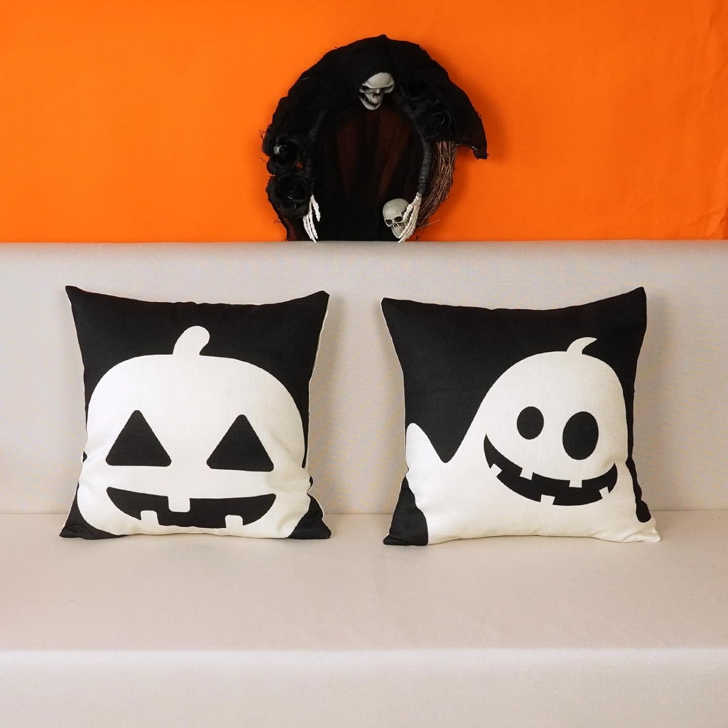 ONWAY Juego de 2 fundas de almohada decorativas de Halloween de 16 x 16 pulgadas, diseño de calabaza fantasma, para otoño, casa de campo, patio,