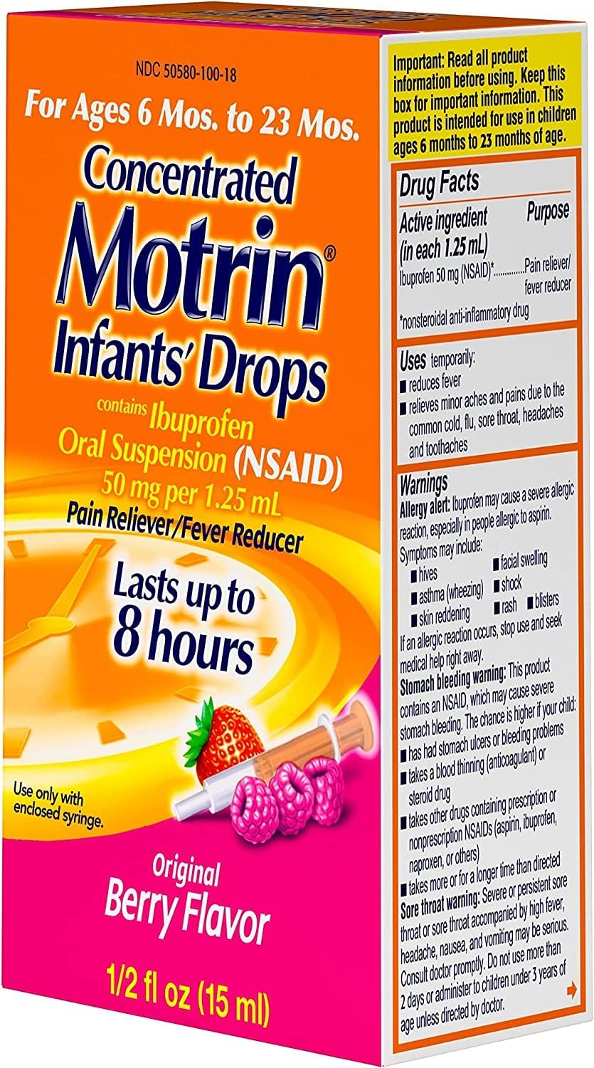 Motrin Gotas concentradas para bebés, reductor de fiebre, ibuprofeno, sabor a bayas.5 onzas (paquete de 2)