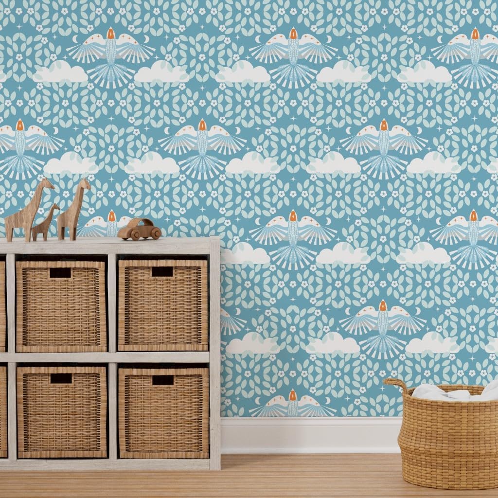 Spoonflower Removable Wallpaper 9ft x 2ft – Blue Sky Folk Art Orange Aqua Maximalist Magic Lucid Dreaming Scandi Scandinavian Mystical Large Custom