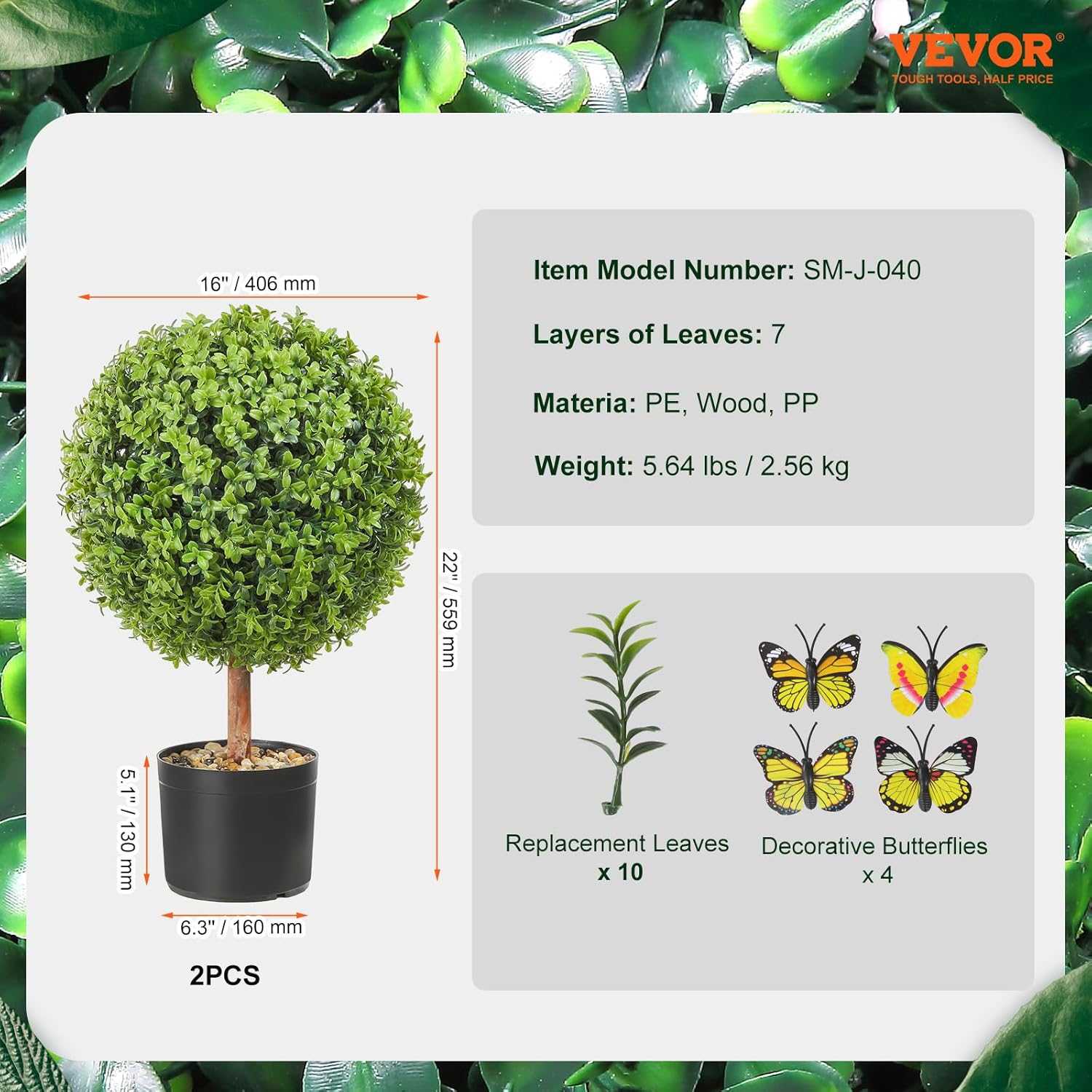 VEVOR Topiarios artificiales de boj, 24 pulgadas de alto (2 piezas), planta de topiarios falsos en forma de bola con macetas, planta de plumas