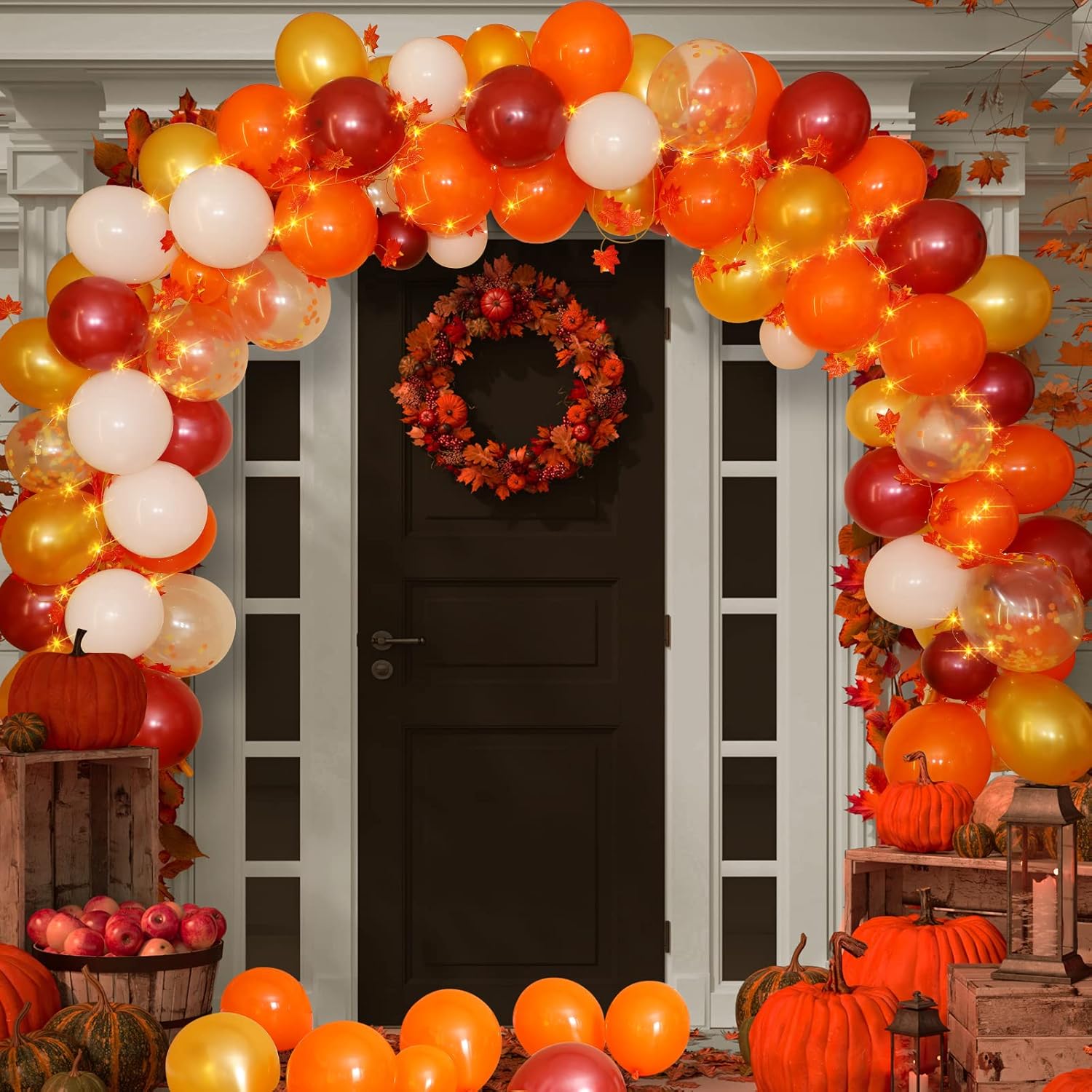 Kit de guirnalda de globos de agradecimiento con luces LED, hojas de arce, vid de otoño, naranja, granate, para Acción de Gracias, otoño, calabaza,