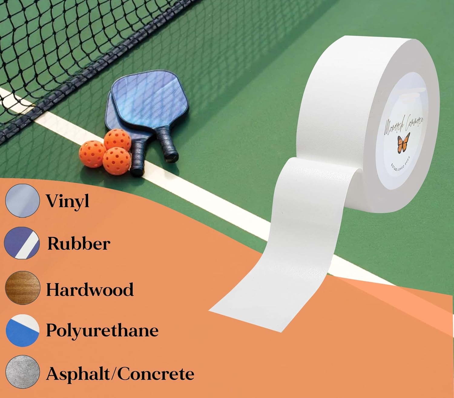 Cinta de pickleball para uso en interiores y exteriores, estilo Gaffers, todas las superficies, sin deslumbramiento, 2 pulgadas de ancho x 180 pies