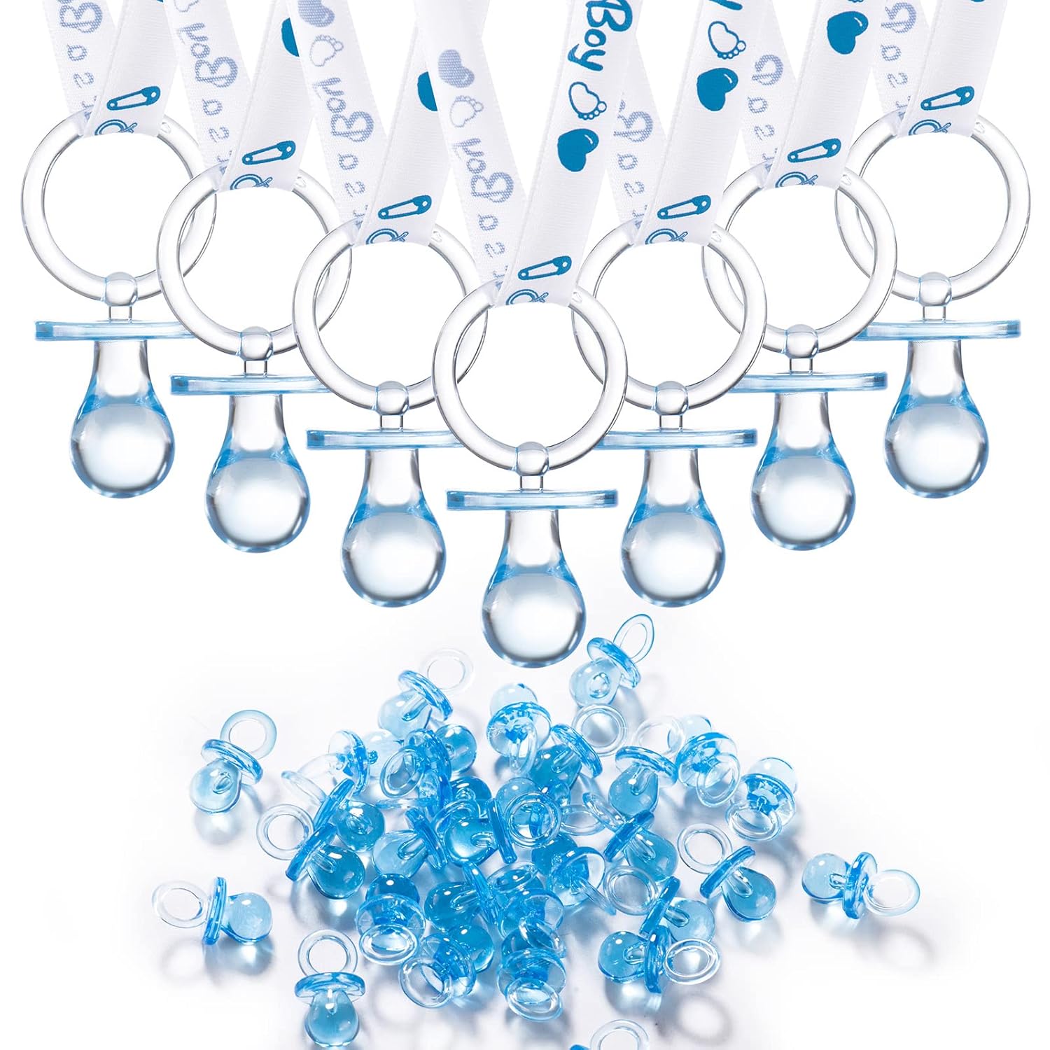 24 chupetes de baby shower para niño, 30 mini chupetes acrílicos con dijes para decoración de fiesta (azul)