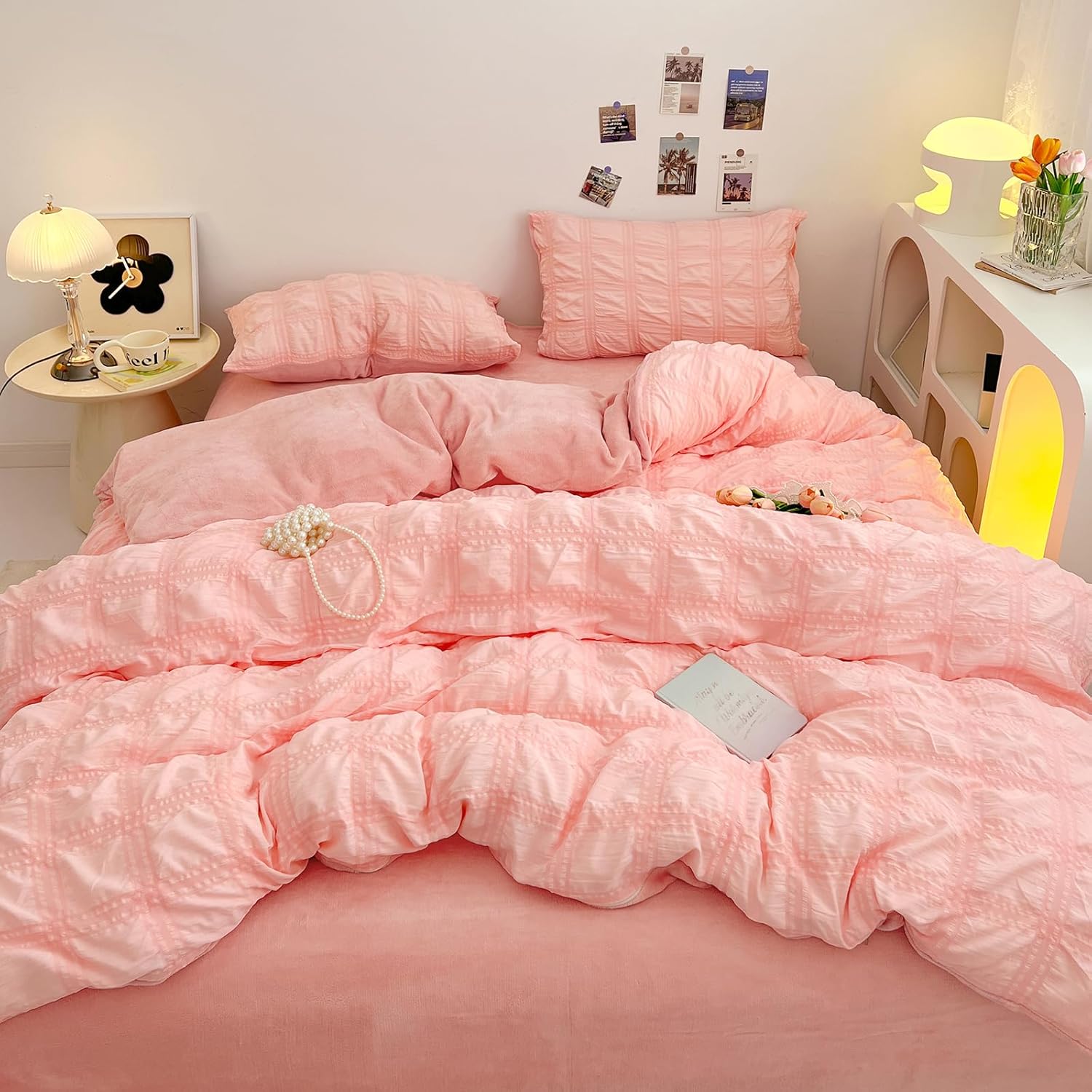 Beyeutao Juego de funda de edredón de sirsaca de terciopelo, tamaño Queen, funda de edredón de sirsaca rosa, juego de ropa de cama de franela