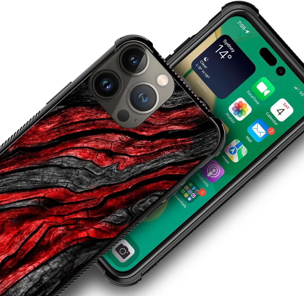 CARLOCA Funda compatible con iPhone 15 Pro, 1 funda con patrón de grano de madera negra y roja para iPhone 15 Pro, ultra protección, a prueba de