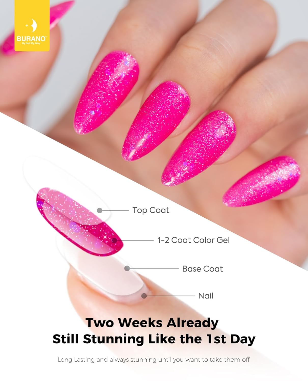 BURANO Esmalte de uñas de gel con purpurina, secado UV LED, efecto holográfico, gel brillante sin astillas, rosa intenso (LP14)