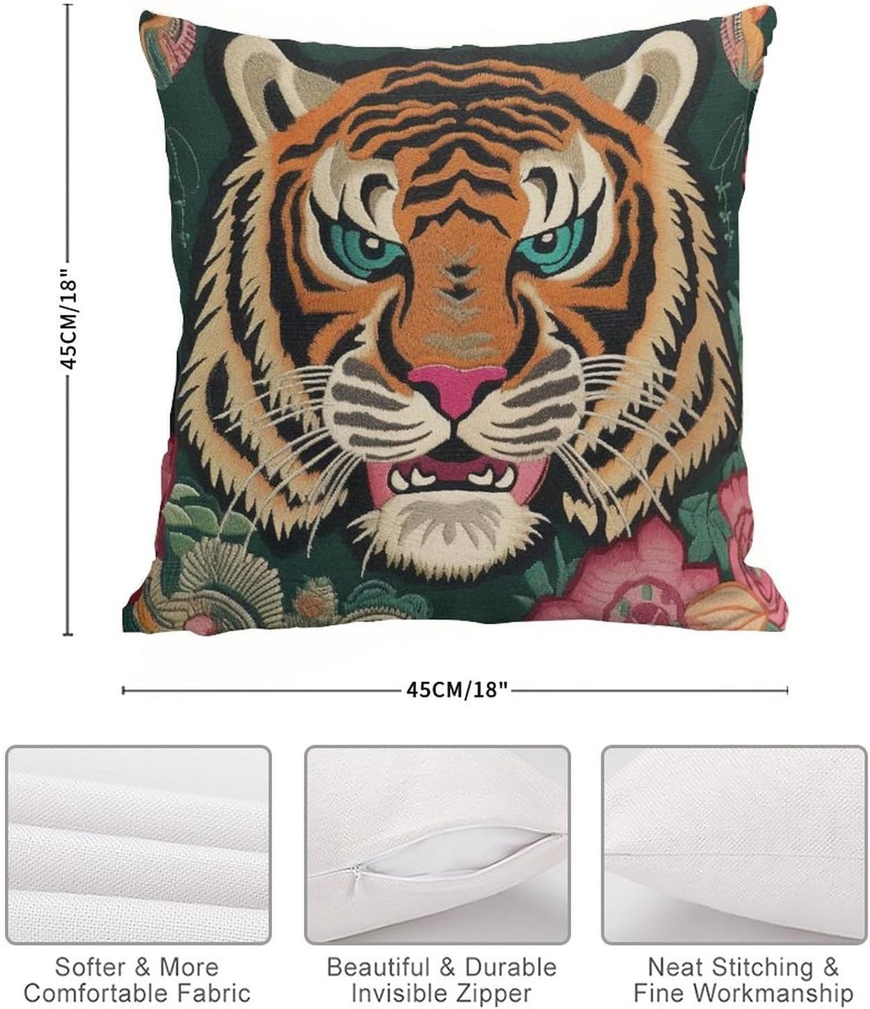 Funda de almohada con estampado de tigre, color rosa, verde y turquesa, negro, funda de almohada colorida de animales chinoiserie, 18 x 18 pulgadas,
