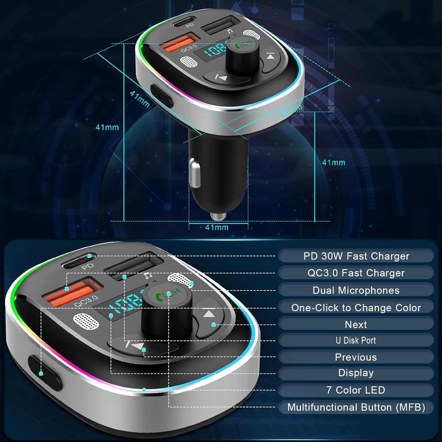 Adaptador de coche Bluetooth 5.3 – Transmisor FM Hinrey de 48 W (PD 30 W y QC3.0) – Transmisor de radio de micrófono dual Bluetooth compatible con