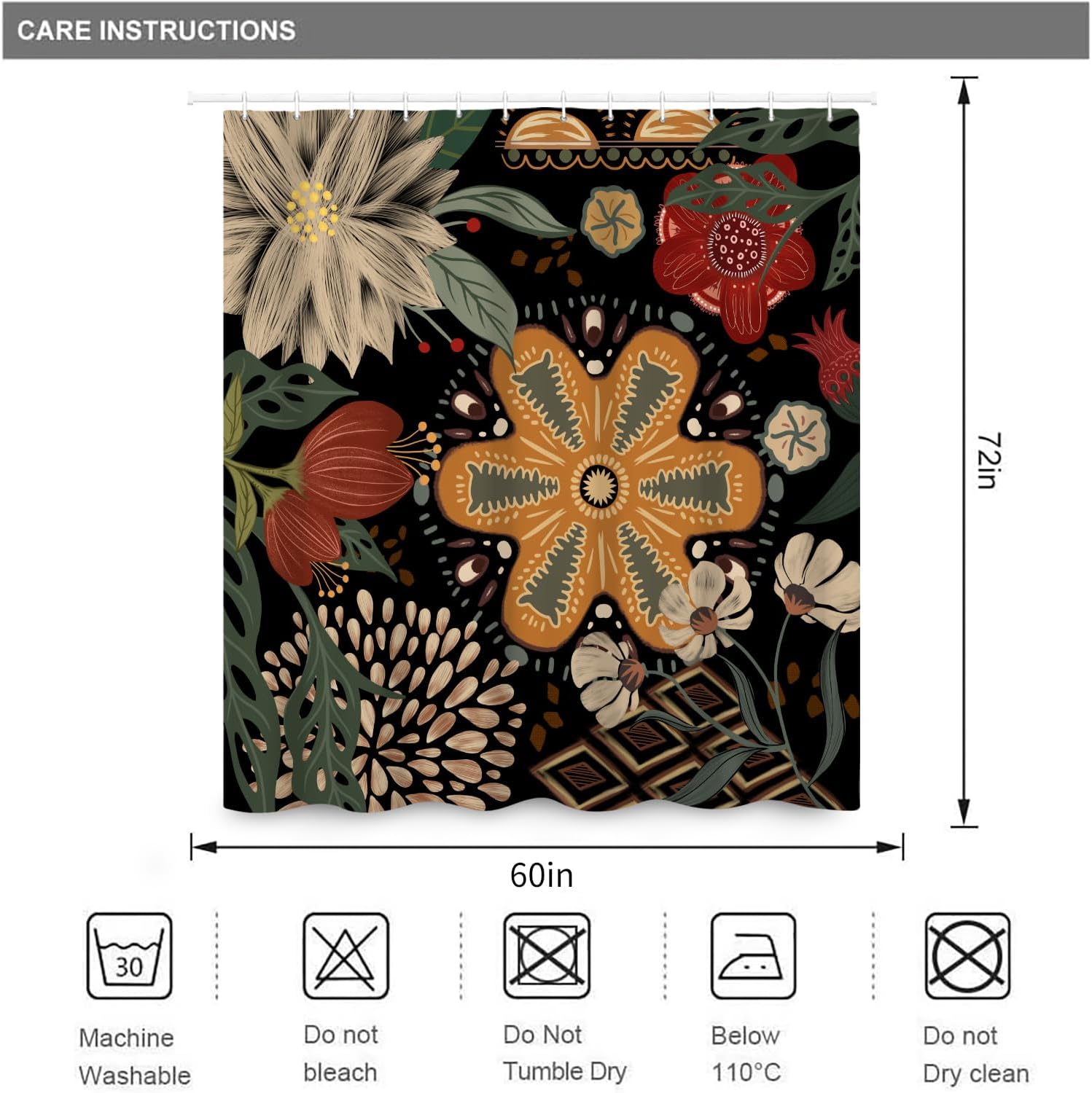 Cortinas de ducha bohemias florales para baño, 60 pulgadas de ancho x 72 pulgadas de alto, modernas cortinas de ducha florales botánicas abstractas