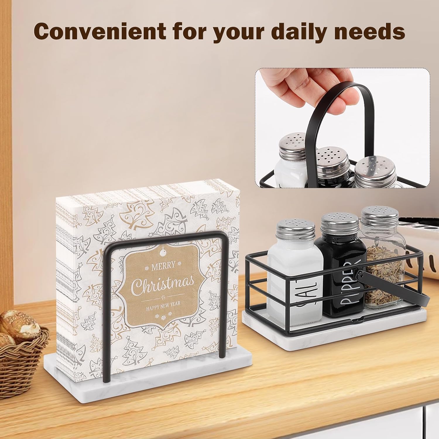 Servilletero de metal, moderno dispensador de papel de seda independiente con almacenamiento de condimentos para mesa de cocina (base de mármol,