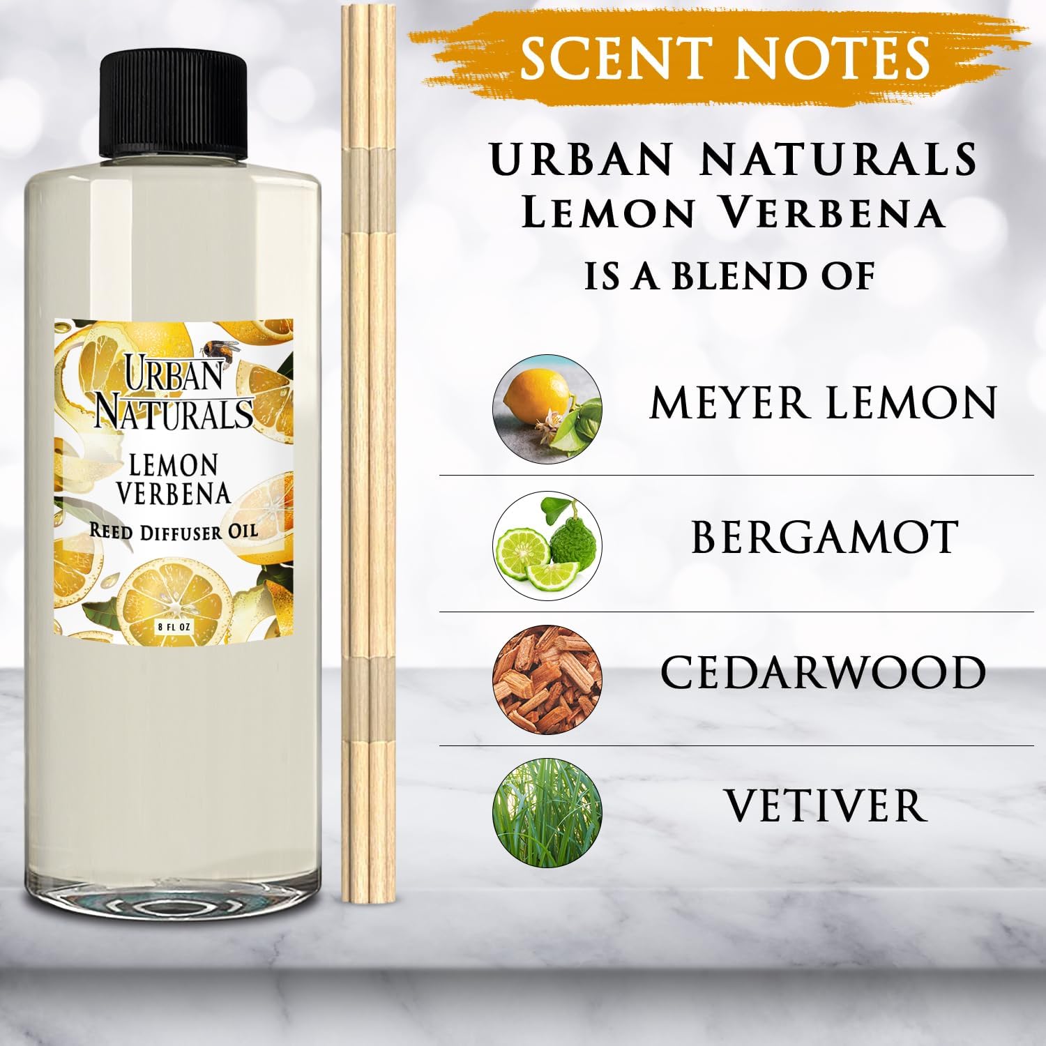 Urban Naturals Repuesto de difusor de varillas de aceite esencial de verbena de limón, tamaño grande de 8 onzas, incluye un juego gratis de varillas