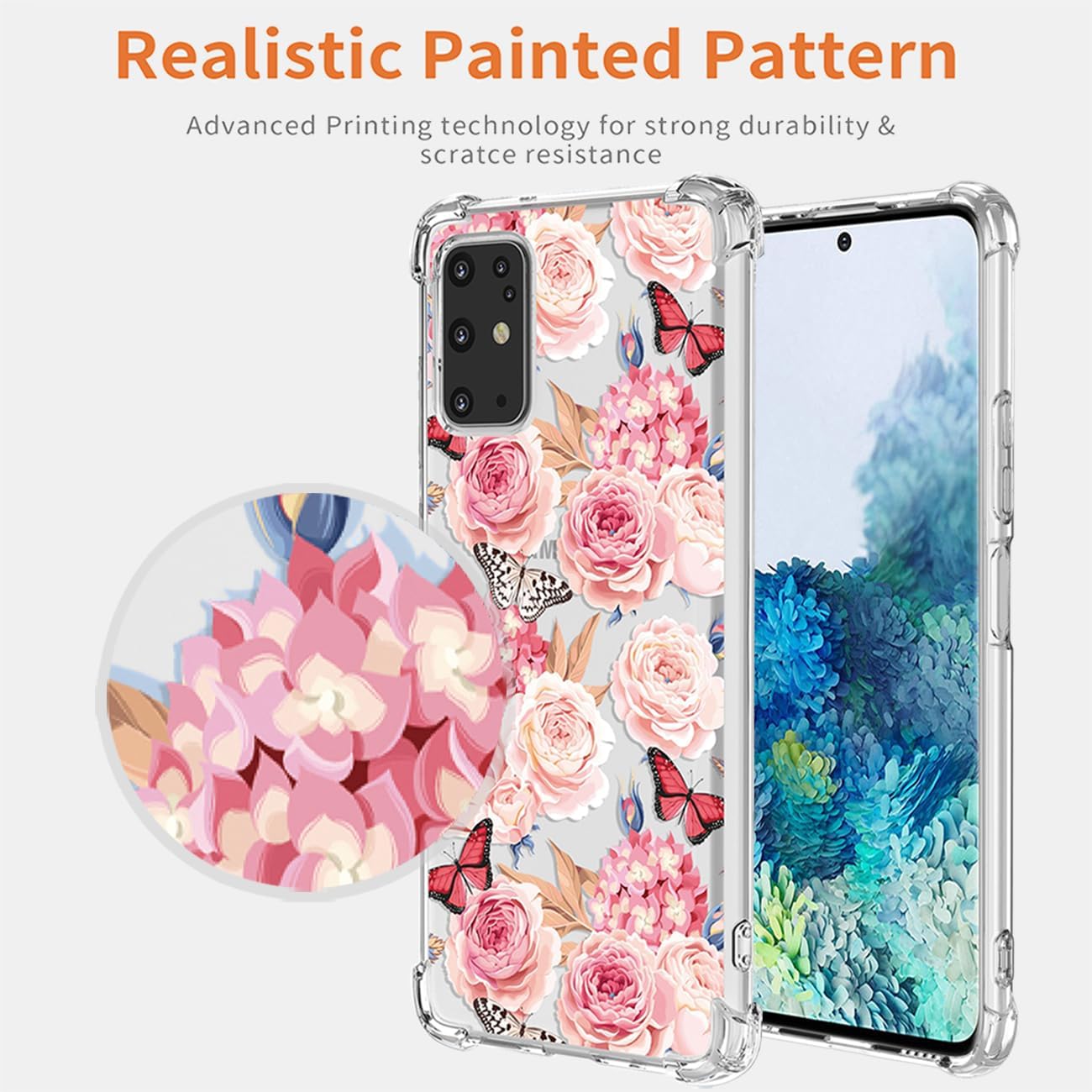 Funda para Galaxy S20 Plus, S20+ SM-G986U, transparente, con diseño de poliuretano termoplástico (TPU), absorción de impactos, diseño floral, diseño