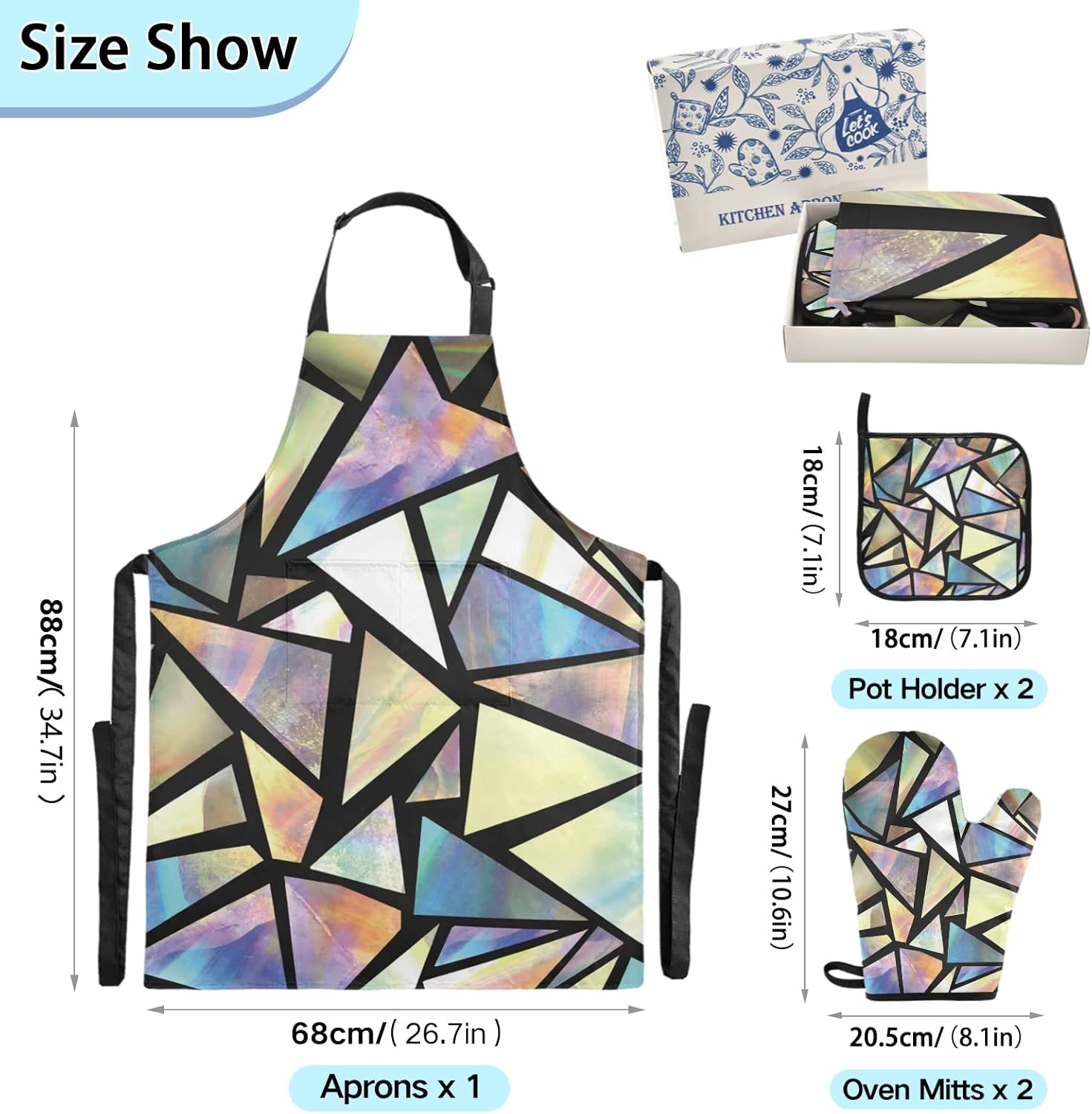 xigua Juego de ropa de cocina con triángulos iridiscentes, delantal de cocina abstracto, 2 agarraderas, 2 guantes de horno, accesorios de cocina