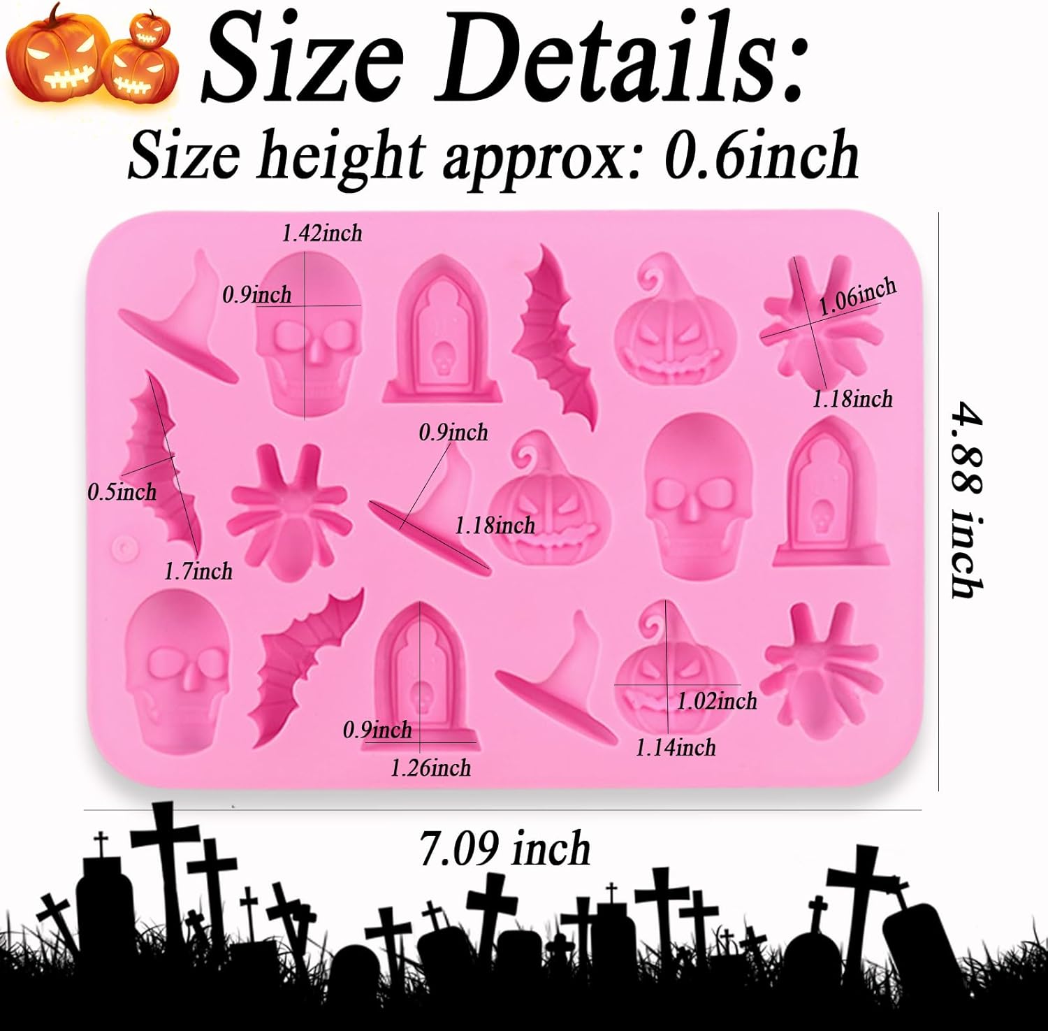 2 moldes de silicona de Halloween, 18 cavidades, fantasma, calabaza, murciélago, cráneo, bruja, moldes para hornear dulces de chocolate para pudín,