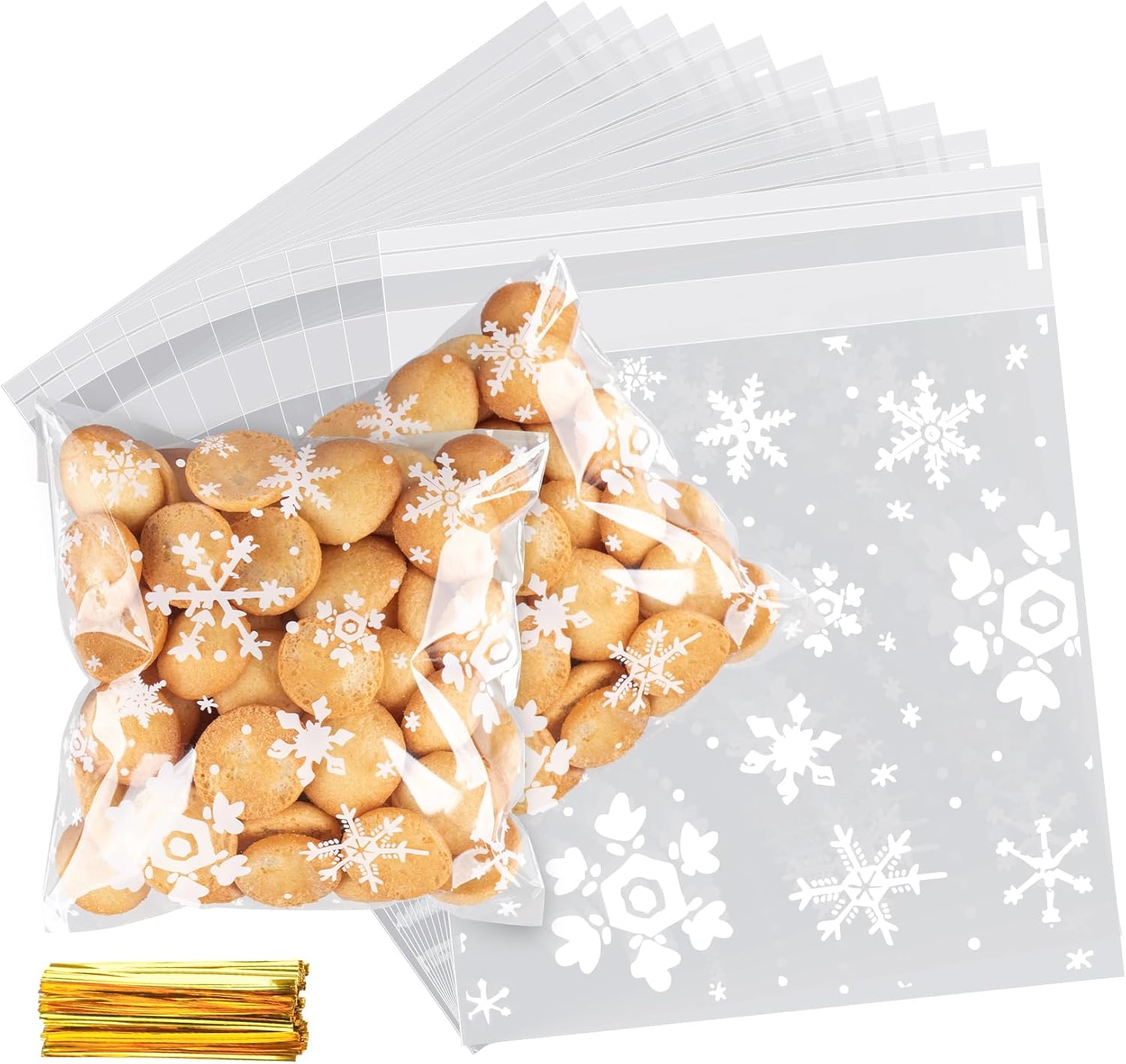 200 bolsas de golosinas de Navidad, bolsas de 5.5 x 5.5 pulgadas, bolsas de galletas de copo de nieve autosellantes, bolsas transparentes de