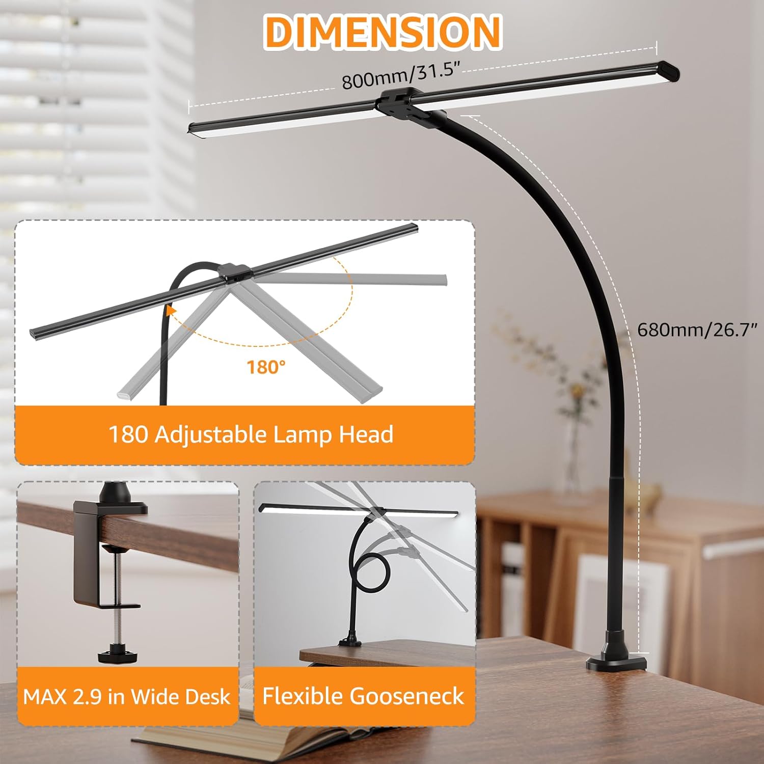 ShineTech Led Desk Lamp for Office Home, Bright Double Head Desk Light with Clamp, Architect Task Lamp 50 Lighting Modes Adjustable Flexible