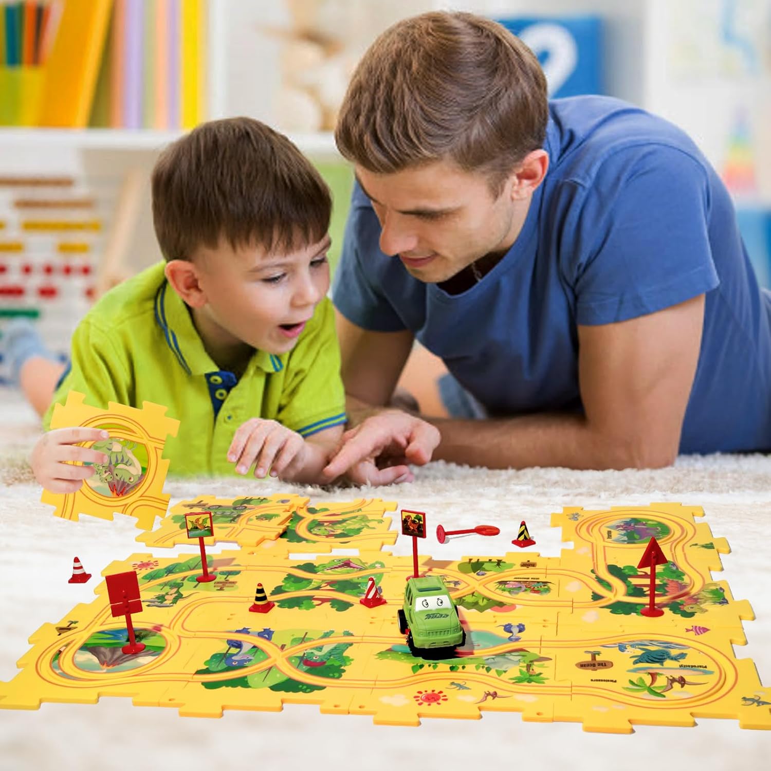 XAZASTOV Rompecabezas de piso de plástico para niños de 3 a 5 años, juego de rompecabezas de pista de coche, juguetes educativos Montessori para