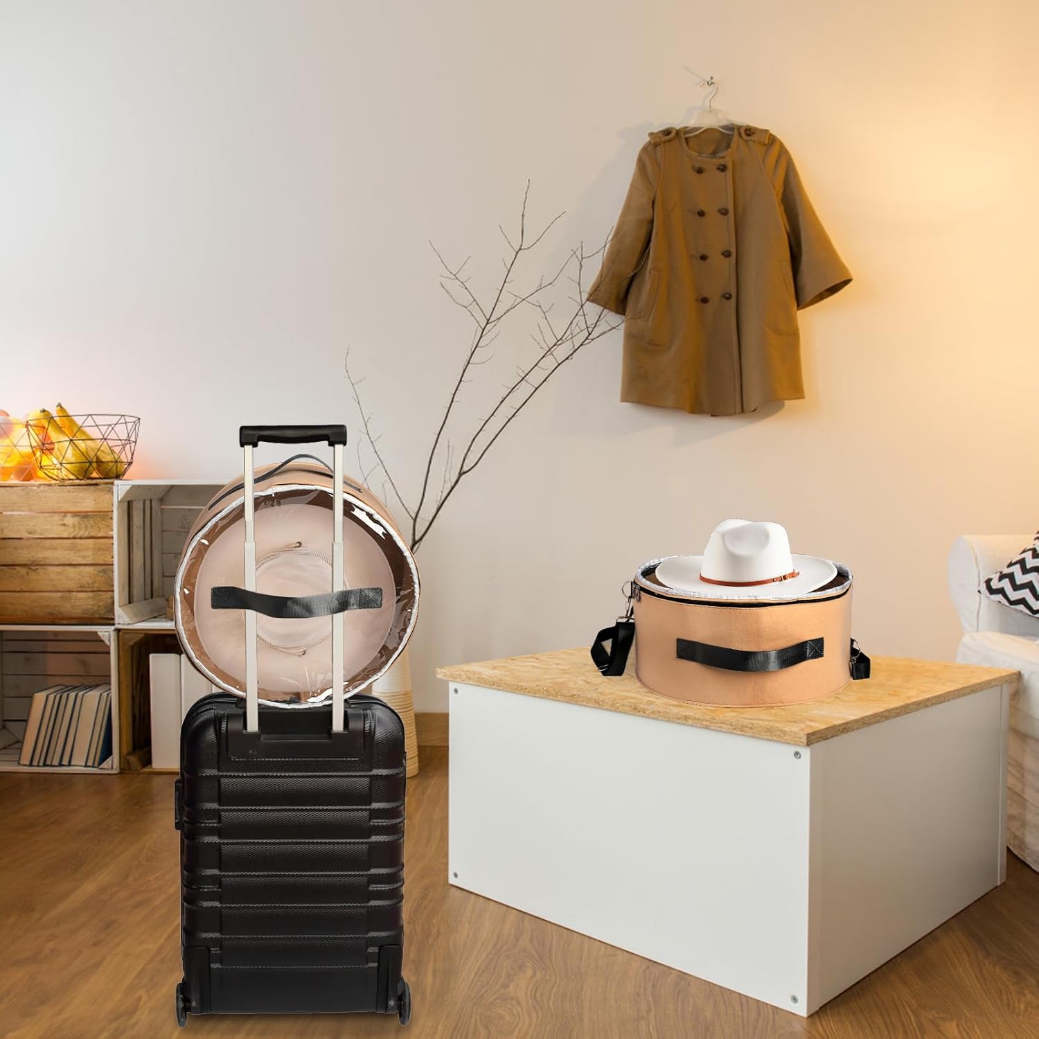 Paquete de 2 cajas de almacenamiento para sombreros con tapa, caja plegable de fieltro de 15 pulgadas, organizador redondo para sombreros de viaje,