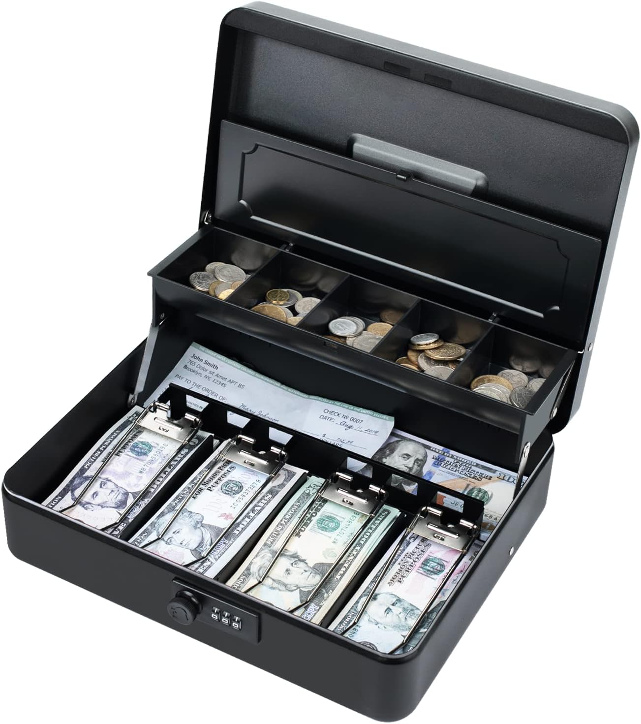Tera Caja de dinero grande con bandeja de dinero y cerradura de combinación 4 billetes 5 ranuras para monedas caja de dinero portátil de metal
