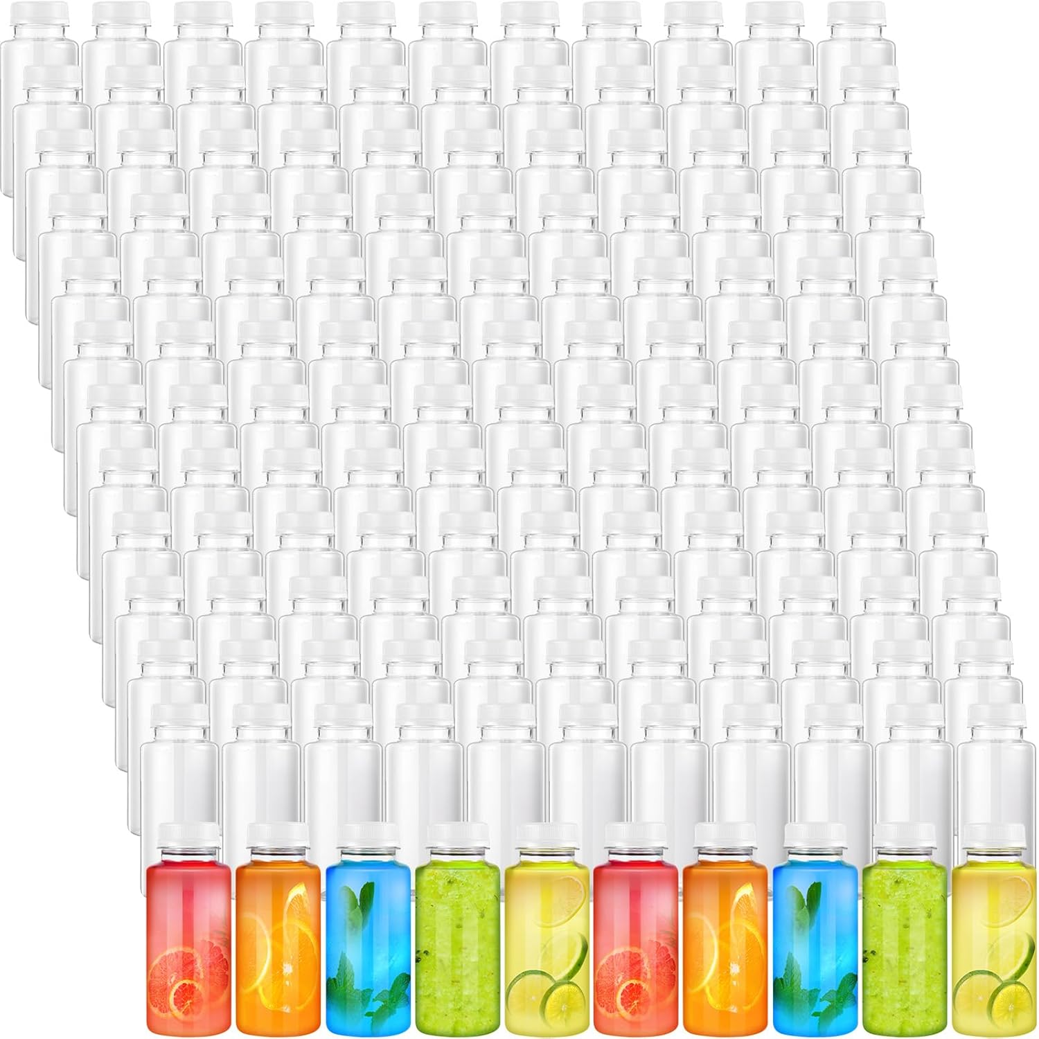 150 botellas de plástico para jugo con tapas, recipientes cilíndricos transparentes para bebidas, botellas vacías para bebidas de PET con tapas a