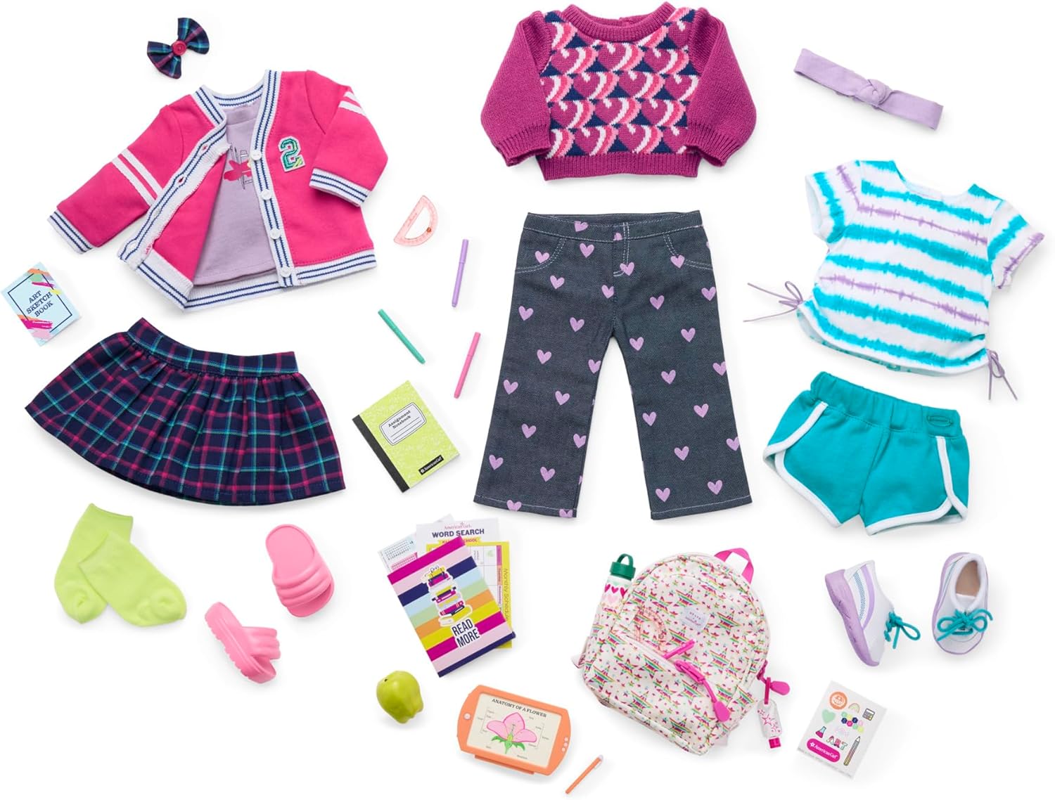 American Girl Truly Me – Conjunto de muñeca de 18 pulgadas para el día escolar con cárdigan, camiseta y par de tenis, para mayores de 6 años