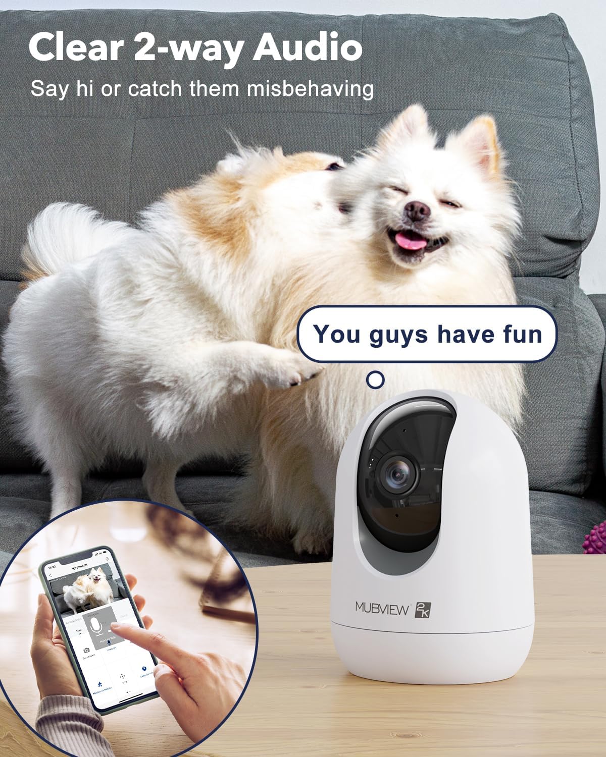 MUBVIEW Cámara para mascotas con aplicación de teléfono, cámara de seguridad interior, cámaras WiFi 2.4G para seguridad del hogar, cámaras con cable
