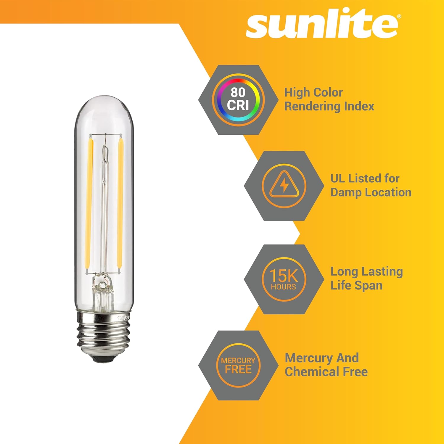 Sunlite 41150 – Bombilla tubular de filamento LED T10, 6 vatios (equivalente a 60 W), 600 lúmenes, base E26 media, regulable, 5.039 in,