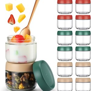 12 tarros de vidrio de 10 onzas con tapas, tarros de avena transparentes de boca ancha herméticos pequeños recipientes de vidrio reutilizables para 12 tarros de vidrio de 10 onzas con tapas, tarros de avena transparentes de boca ancha herméticos pequeños recipientes de vidrio reutilizables para