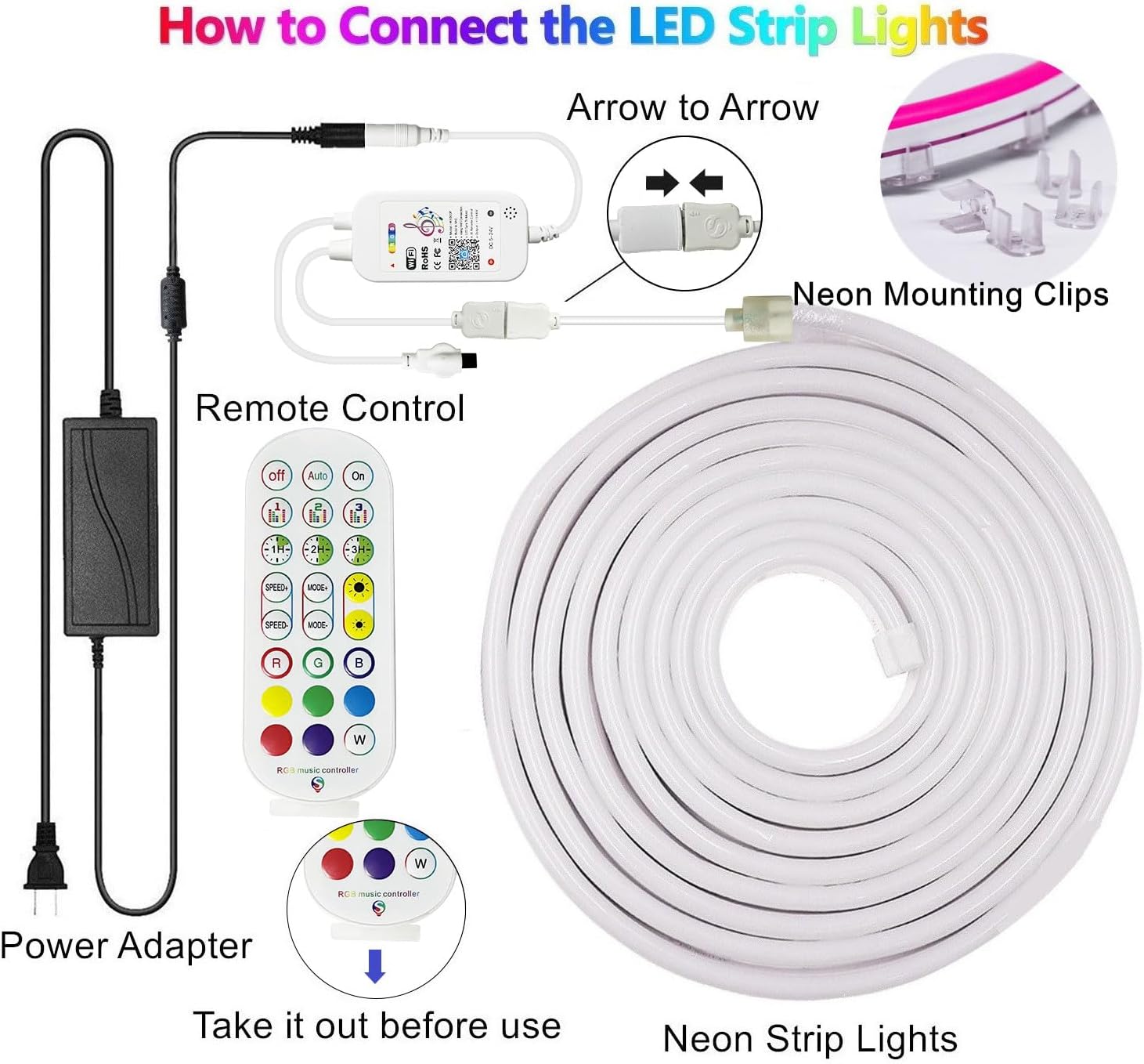 -Tira de luces LED de neón, 16.4 pies16.4ft 600 SMD2835 LED, impermeable, flexible, luz de neón con control remoto regulable y fuente de