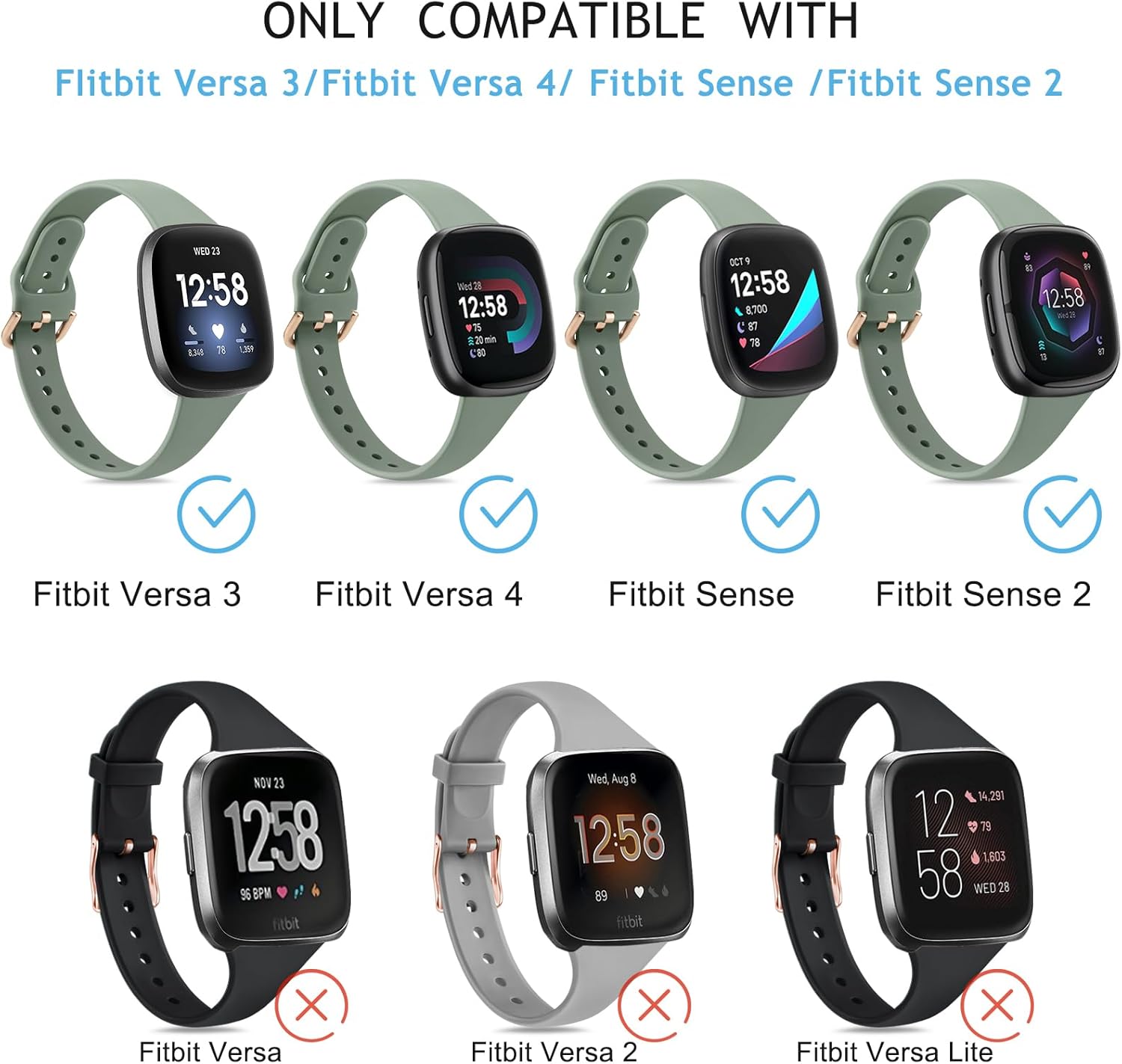 Tobfit Correas deportivas delgadas compatibles con Fitbit Versa 4, Fitbit Versa 3, SenseFitbit Sense 2, correas de reloj para mujeres y hombres,