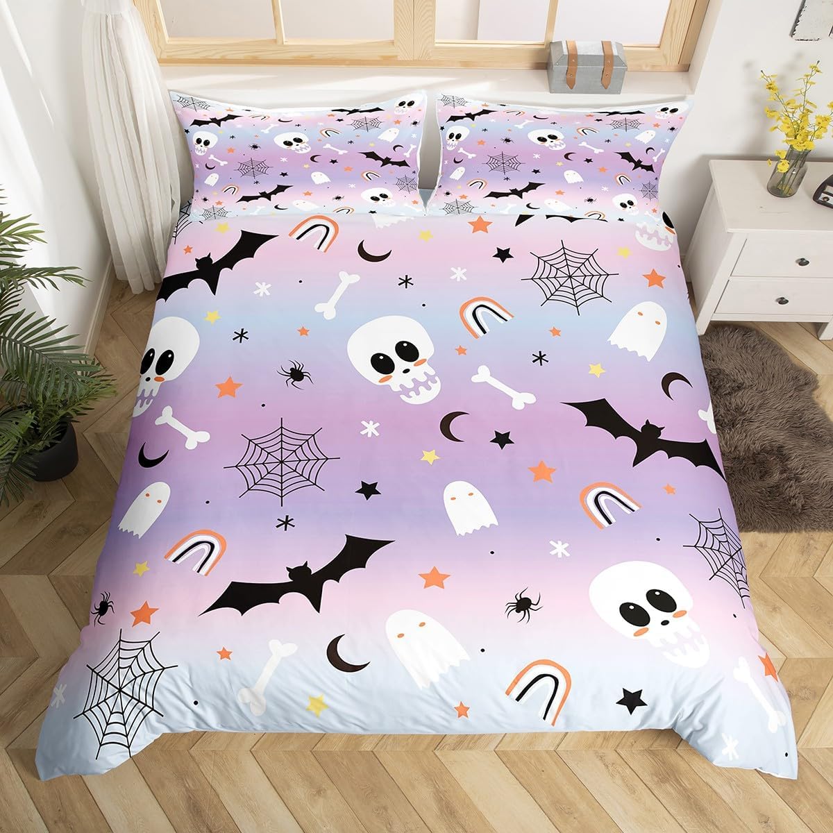Feelyou Juego de ropa de cama de Halloween, tamaño matrimonial, funda de edredón de calavera de azúcar para niños, niñas, adolescentes, decoración
