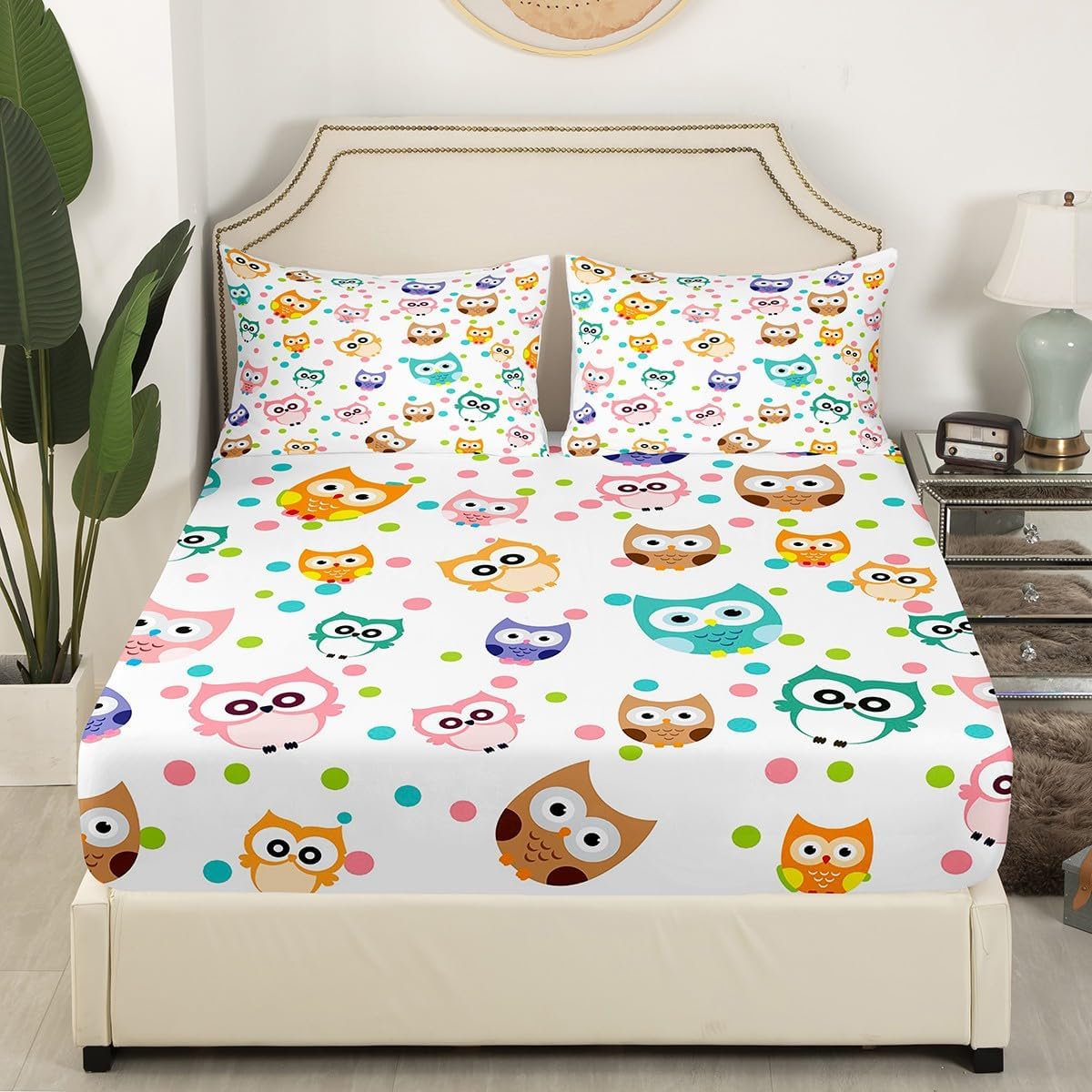 Feelyou Juego de sábanas ajustables con diseño de búho lindo para niñas, diseño de pájaros, tamaño individual, diseño de búhos, juego de sábanas