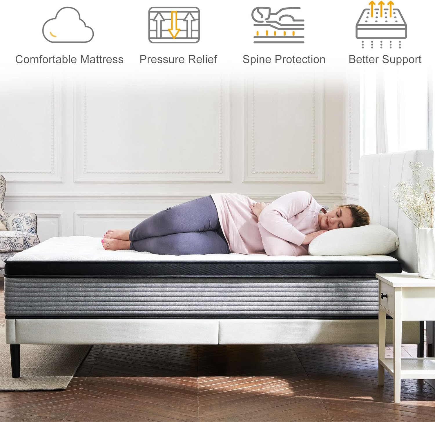 S SECRETLAND Colchón de tamaño Queen, colchón híbrido de espuma viscoelástica de 11 pulgadas y resortes individuales en bolsillo, cama en una caja