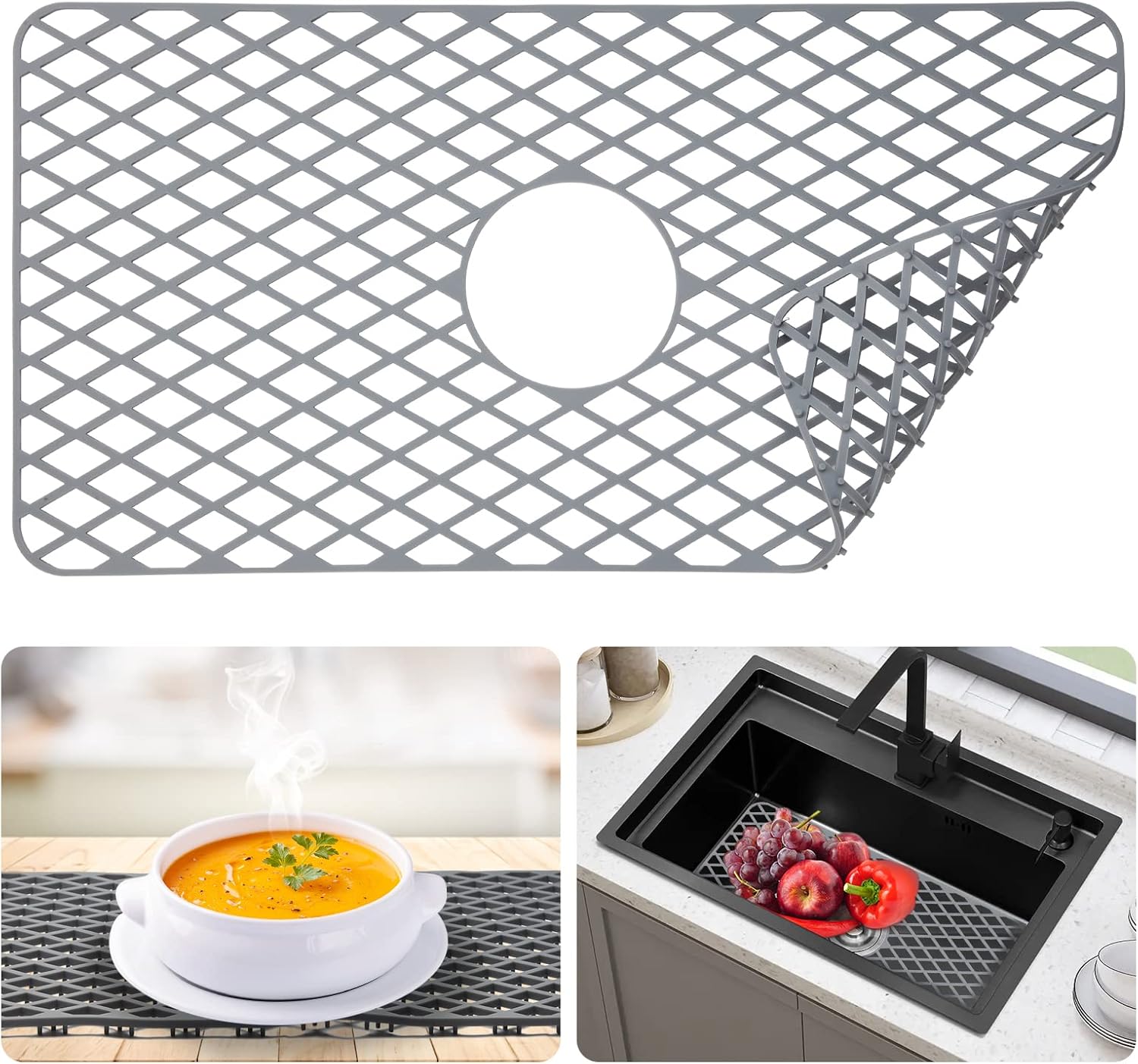 Protectores de fregadero para fregadero de cocina, alfombrilla de silicona de 24.72 x 12.8 pulgadas para la parte inferior del fregadero de