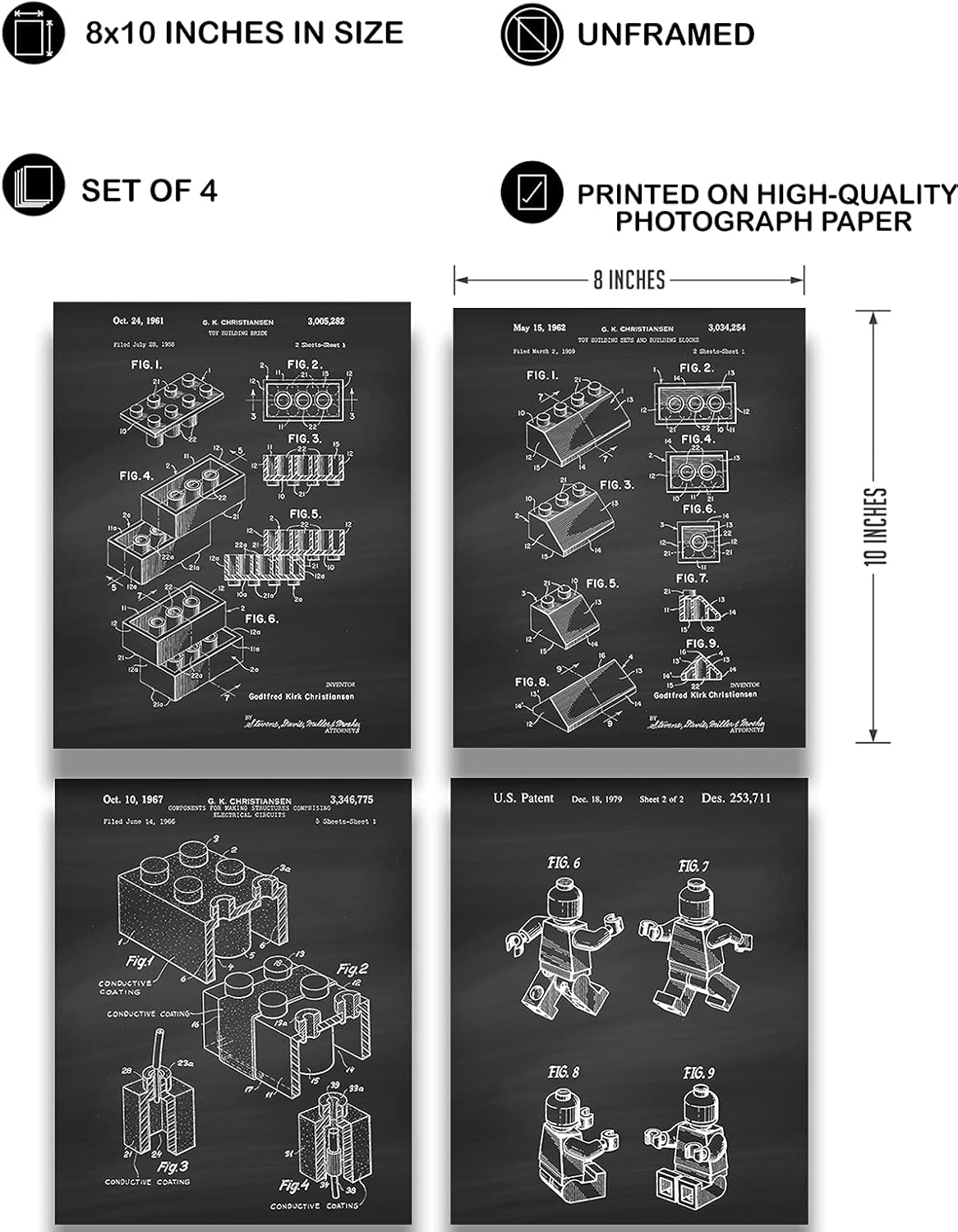 Govivo Legos Patent – Un conjunto de cuatro patentes de Lego – Impresiones decorativas de pared con fondos gris oscuro – ilustraciones sin marco