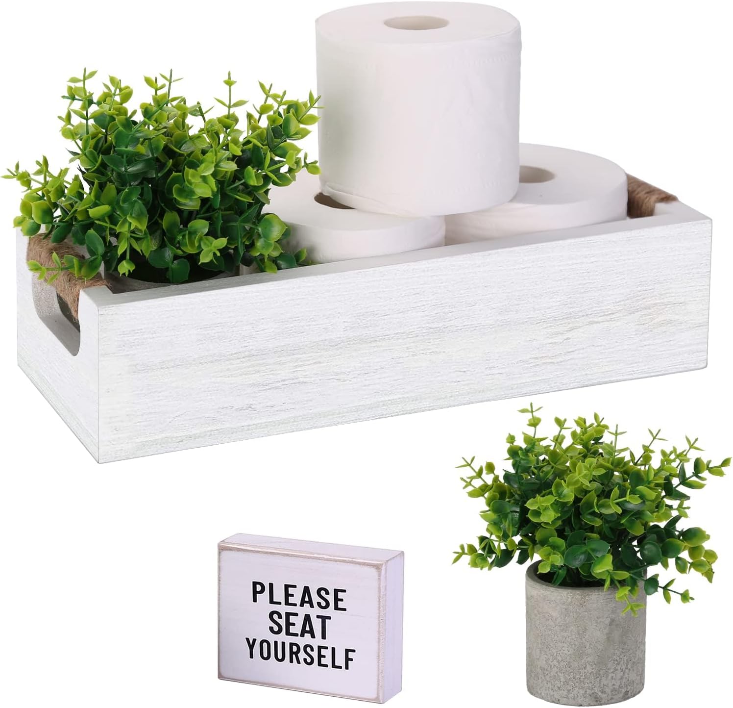 Caja de decoración de baño, cesta organizadora de papel higiénico con divertido letrero de doble cara y flores artificiales, juego de 3 bandejas de
