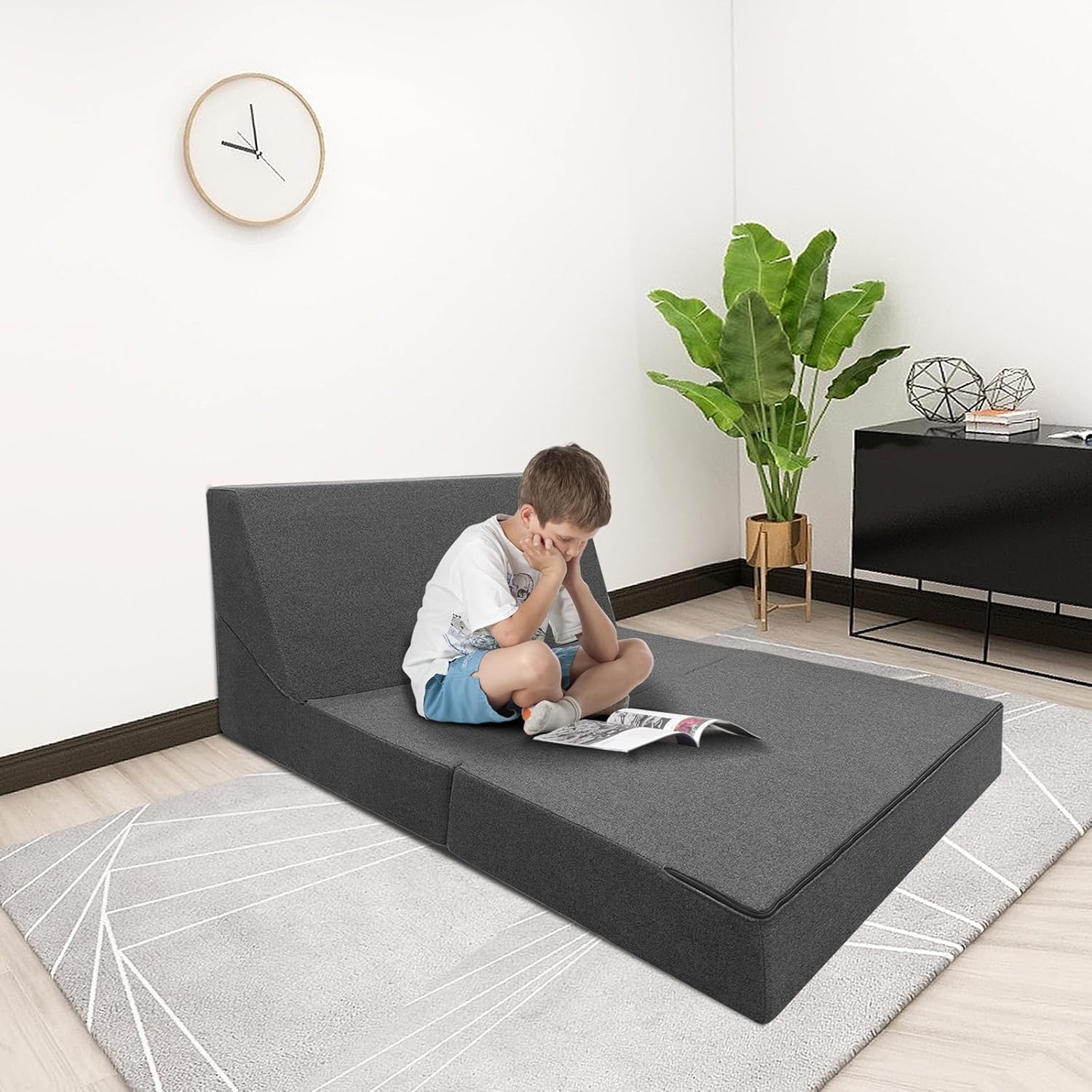 ANONER Sofá plegable de espuma viscoelástica convertible con almohada, diván para sala de estar, dormitorio y apartamento, oficina, color gris oscuro